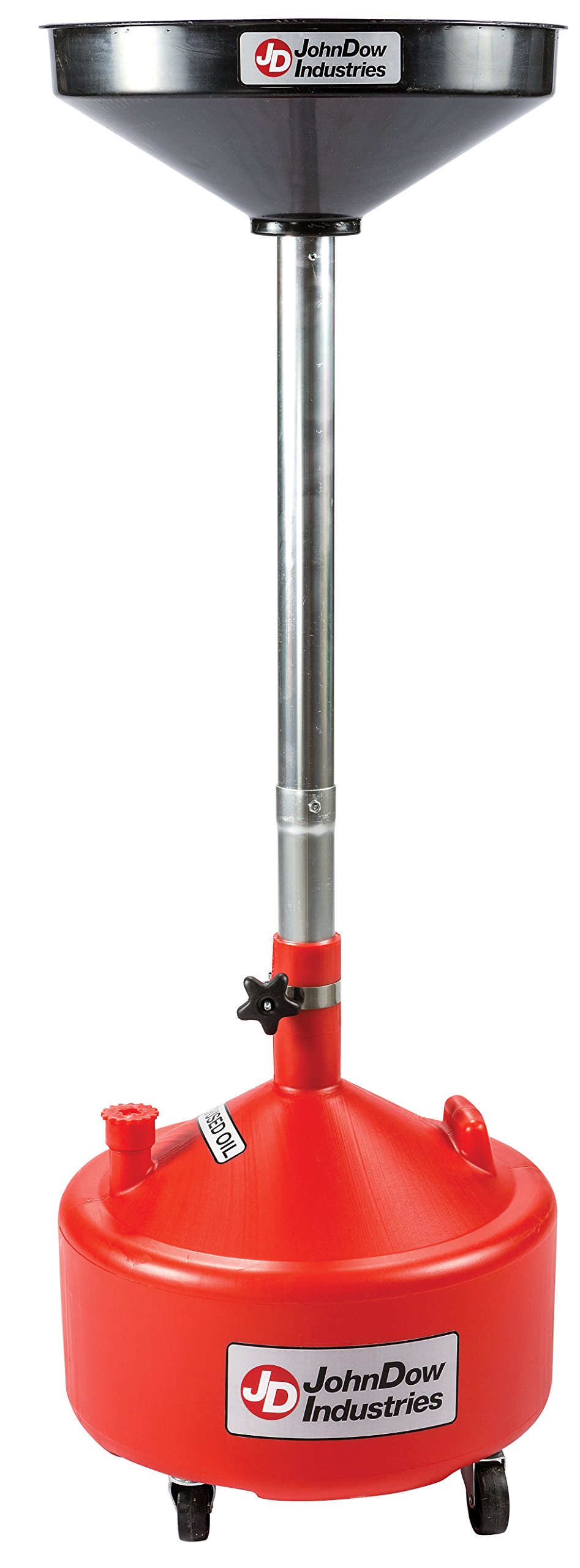 JohnDow Industries JDI-8DCP 8 Gallon Poly Portable Oil Drain Pump - Adjustable Height 48-67 inch with Wheels for Easy Mobility - Ideal for Automotive Shops, DIY Oil Changes & Garage Maintenance