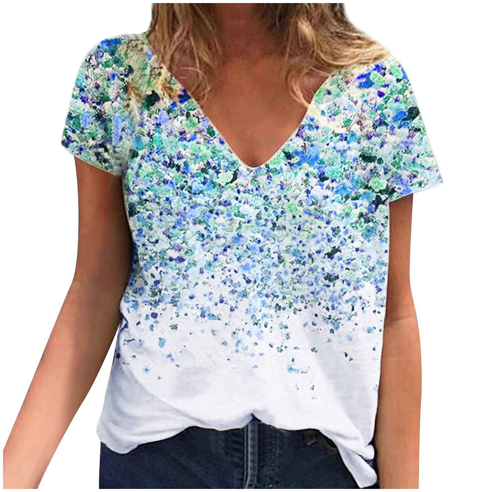 2022 Women's Spring Fashion Tops - Printed Spliced V-Neck Casual Short Sleeve T-Shirts | Perfect for Daily Wear, Office & Weekend Outfits