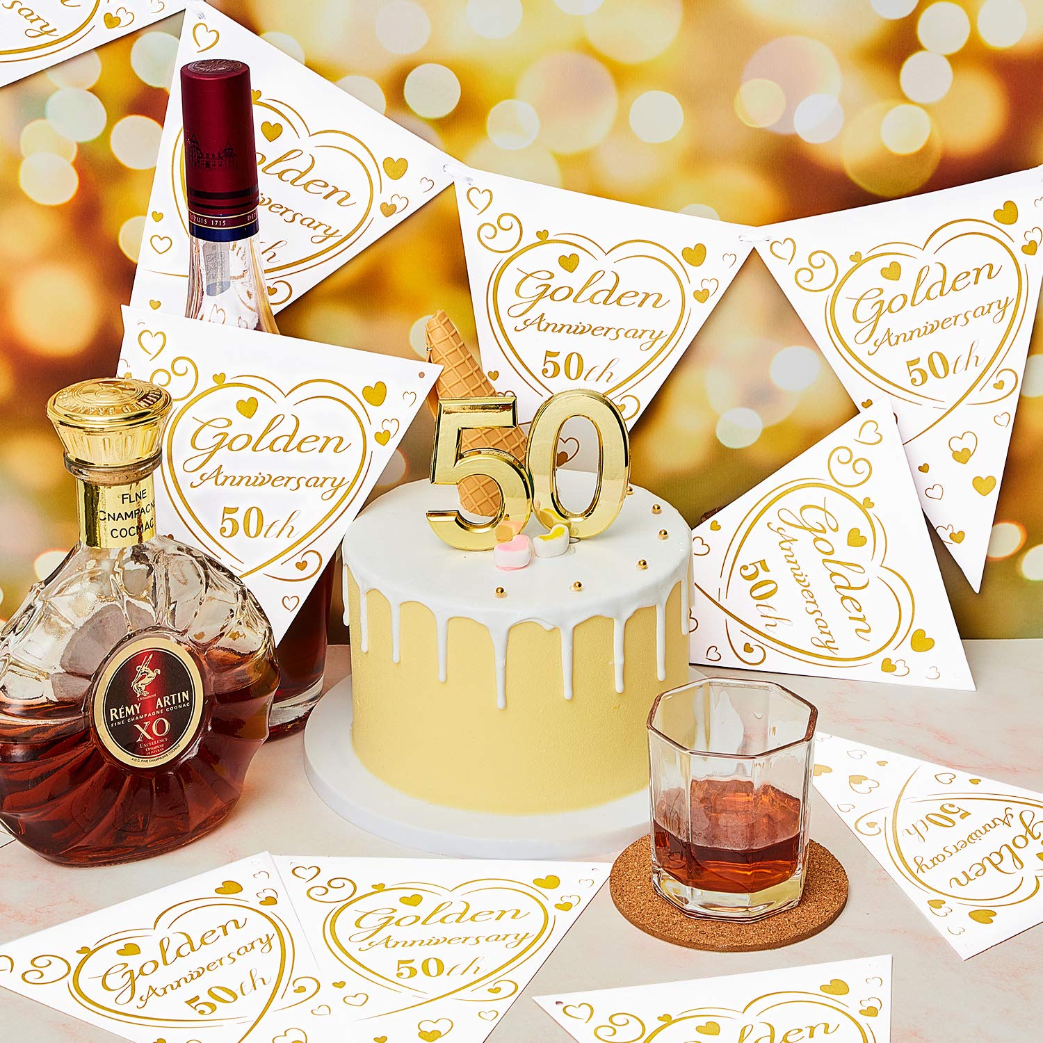 50th Anniversary Triangle Bunting Banner - Golden Heart Themed Garland Decor for Wedding, Birthday Party & Anniversary Celebrations (2 Pack) - Perfect for Indoor/Outdoor Party Decorations
