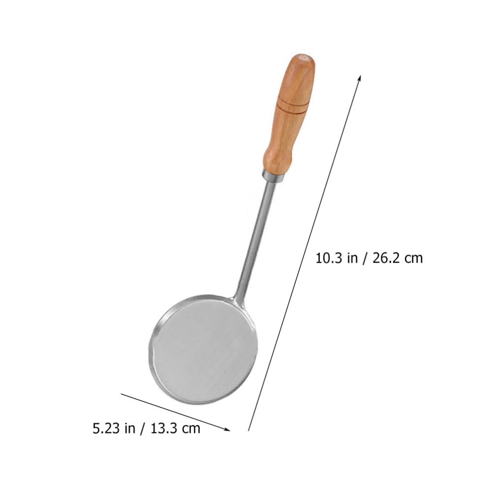 Stainless Steel Wooden Handle Frying Spoon - 5.2x15.7 Inch Round Flat Basting Ladle for Cooking, Sauteing & Serving - Perfect for Kitchen, BBQ, Camping & Outdoor Cooking