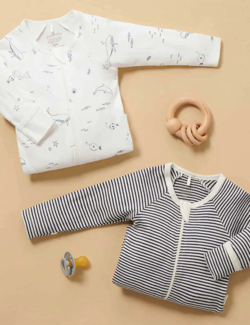 Purebaby Organic Cotton Zip Growsuit 2-Pack - Vanilla Nautical Stripes | Soft Baby Sleepwear for Boys & Girls | Perfect for Nursery, Daycare & Playtime