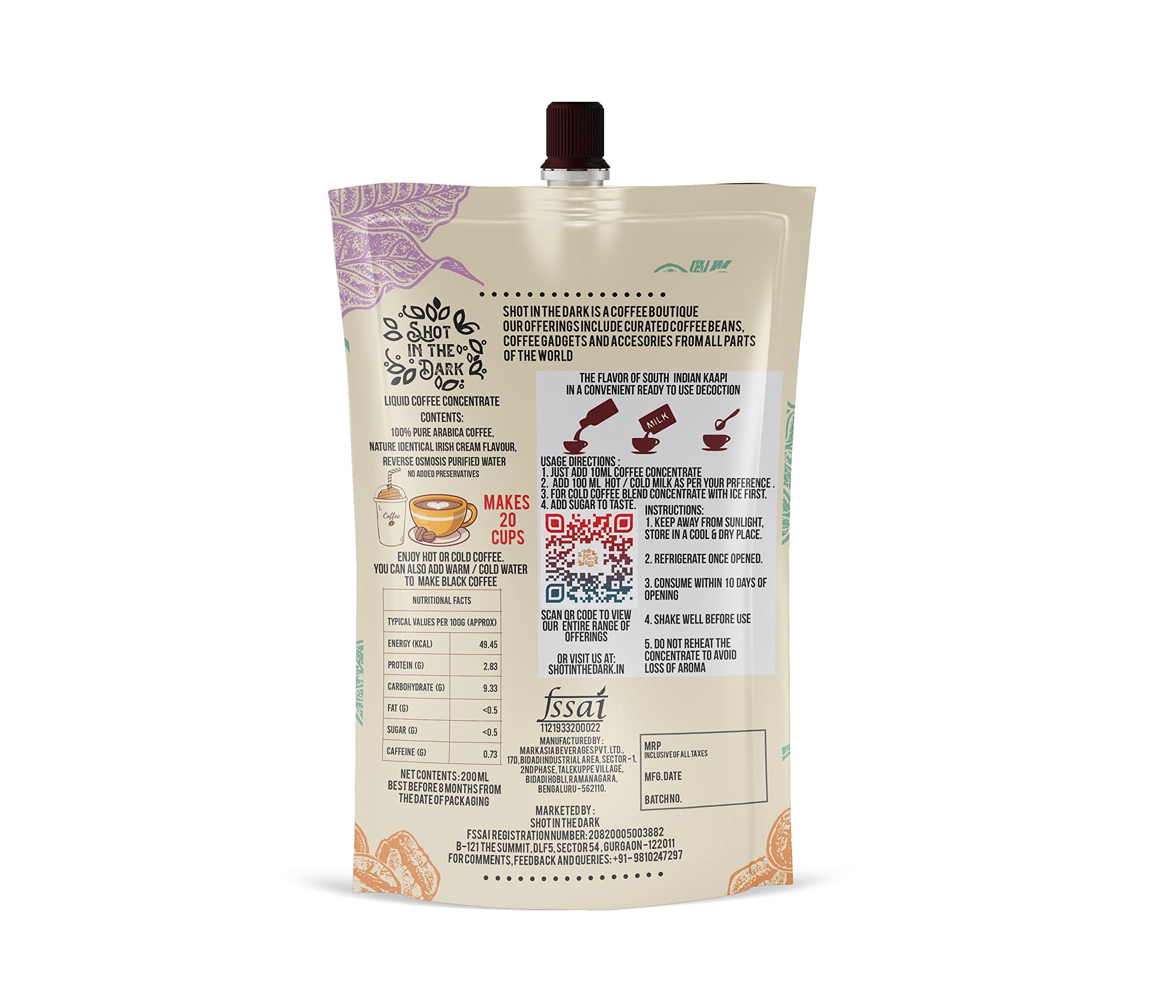Shot In The Dark Irish Cream Coffee Concentrate 200ml - Premium Alcohol-Free Coffee Flavoring Syrup for Baking, Cocktails & Desserts | Perfect for Home Baristas & Coffee Lovers