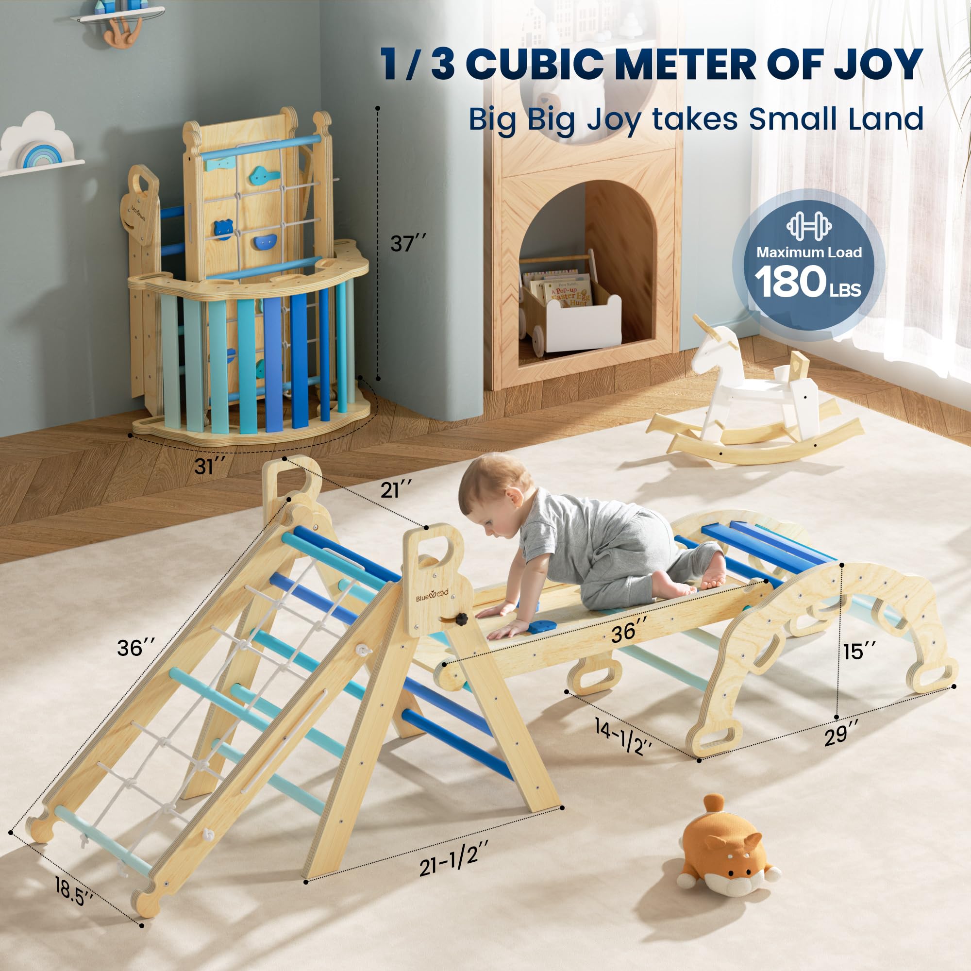 BlueWood 2025 8-in-1 Pikler Triangle Climbing Set - Montessori Toddler Toys, Indoor Baby Jungle Gym Climber with Slide & Ramp, Foldable Wooden Playground for Kids Ages 1-5 Years (Sky Blue) - Perfect for Home Playroom, Daycare & Preschool Activities