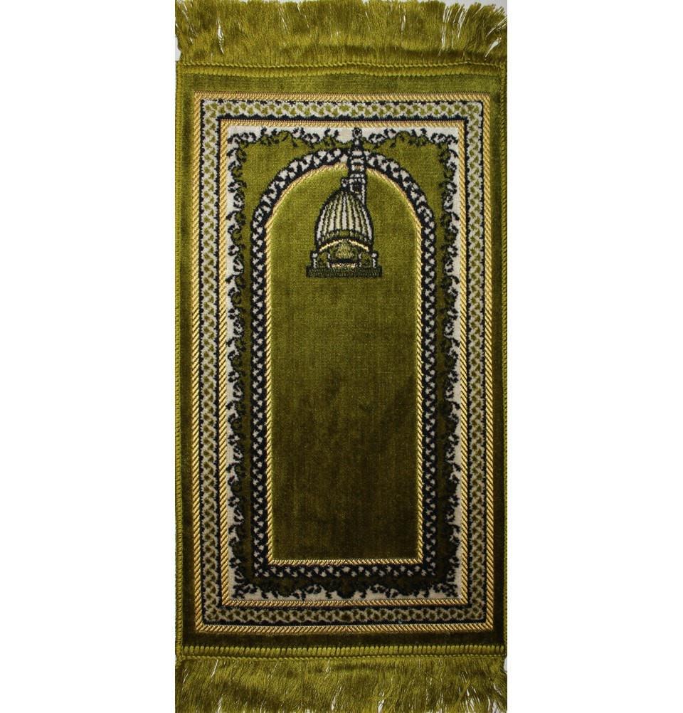 Kids Velvet Prayer Rug - Soft Green with Mosque Design for Children's Islamic Prayer & Worship at Home