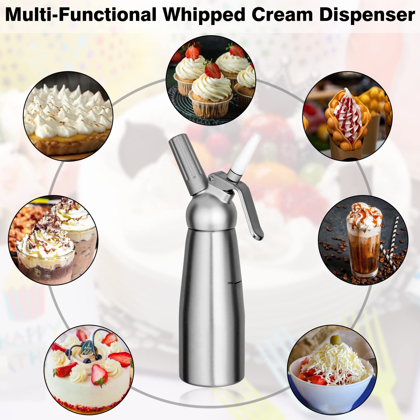 Premium 500mL (1 Pint) Aluminum Whipped Cream Dispenser - Professional Dessert Cream Maker with 3 Decorating Nozzles for Cakes, Coffee & Cocktails | Gourmet Whipped Cream Charger for Home & Commercial Use