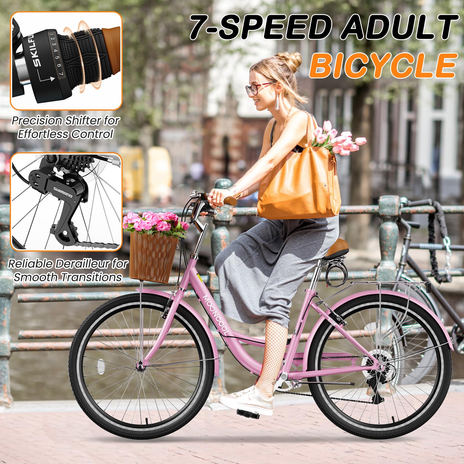 MOPHOTO Women's 7-Speed Beach Cruiser Bike - 24 & 26 Inch Step-Through City Commuter Bicycle with Rattan Basket for Adults, Girls & Ladies - Perfect for Coastal Rides, Urban Commuting & Leisure Cycling