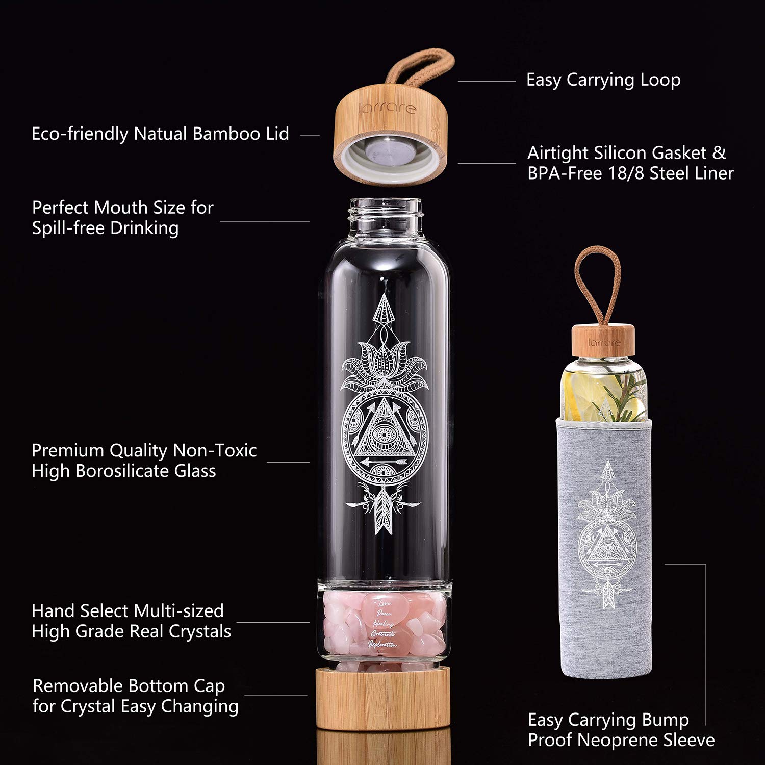 19oz Crystal Water Bottle with Gemstones - Rose Quartz for Energy & Hydration at Home/Office