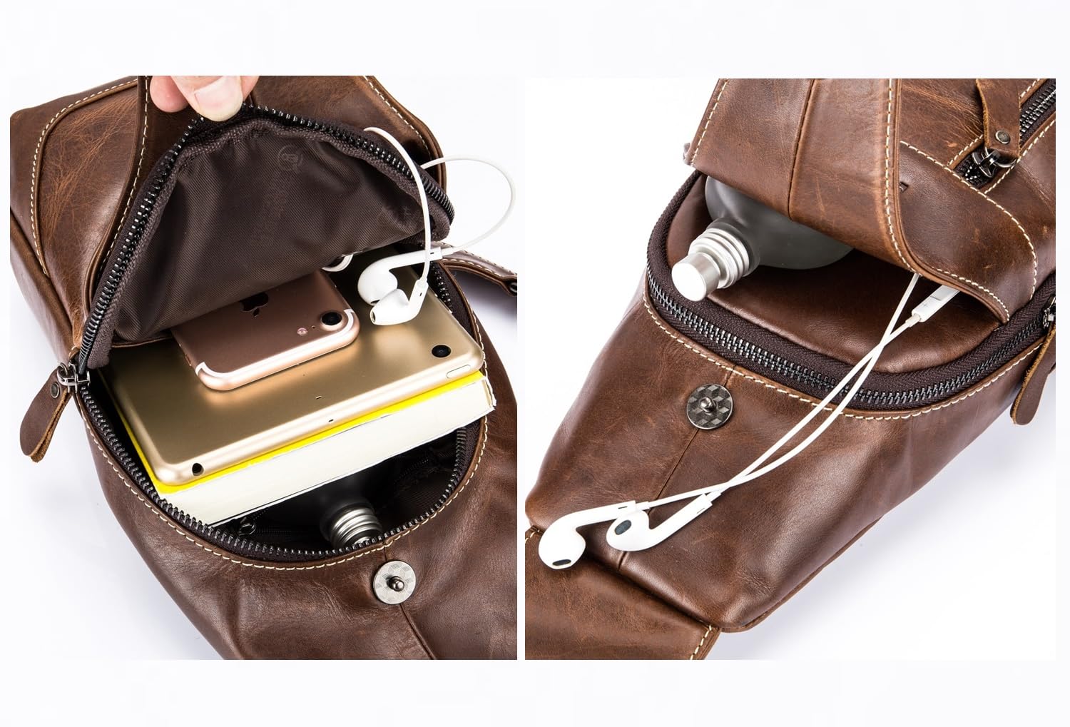 BULLCAPTON Genuine Leather Men's Sling Backpack - Multi-Pocket Crossbody Chest Bag with Earphone Hole - Durable Travel & Casual Backpack for Work, Gym & Outdoor Adventures (Brown)