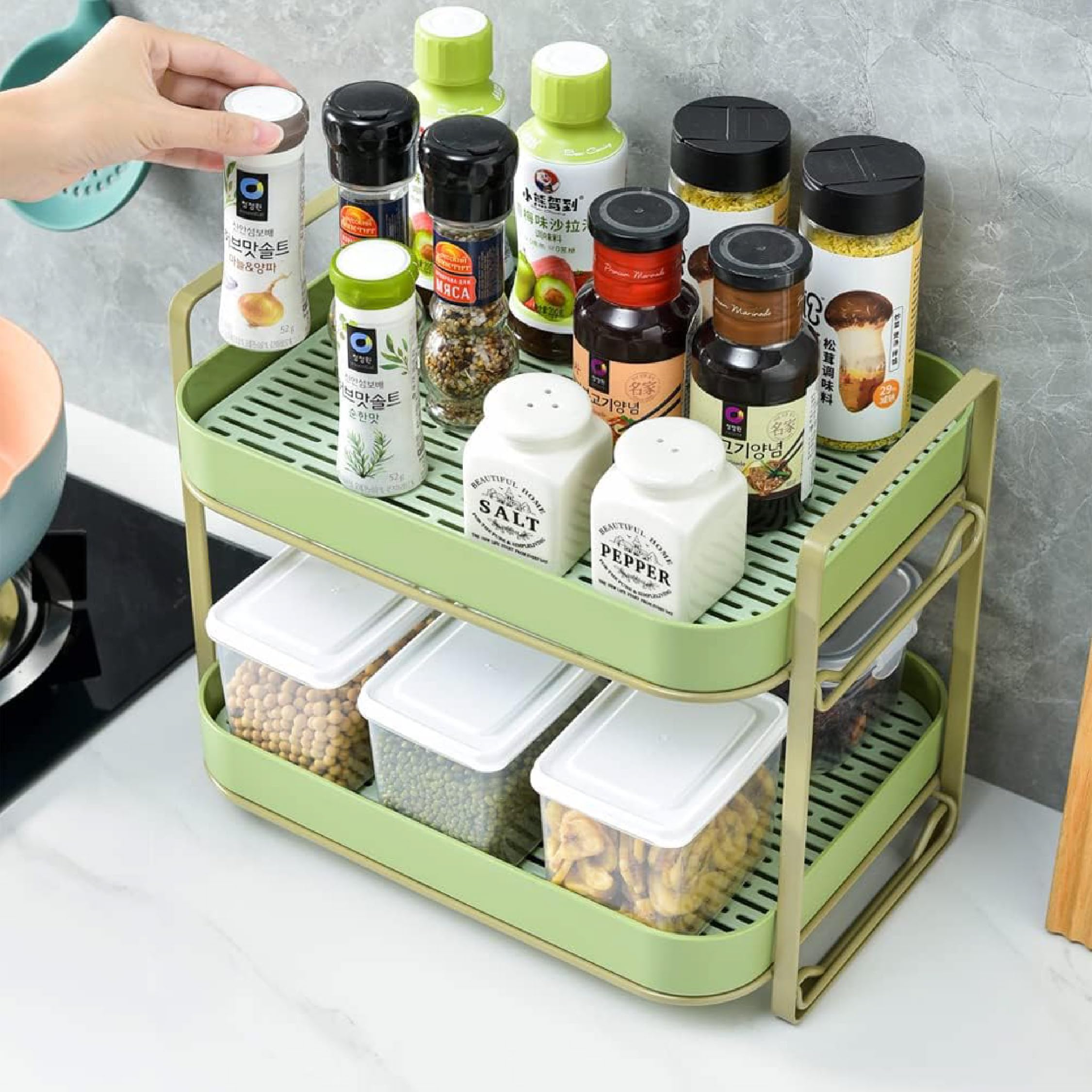 HomeStrap Plastic Double Drain Shelf Organizer | Space-Saving Cosmetic & Kitchen Organizer, Vegetable Drying Rack with Drain Tray - Perfect for Bathroom Countertops & Kitchen Sinks (Green)