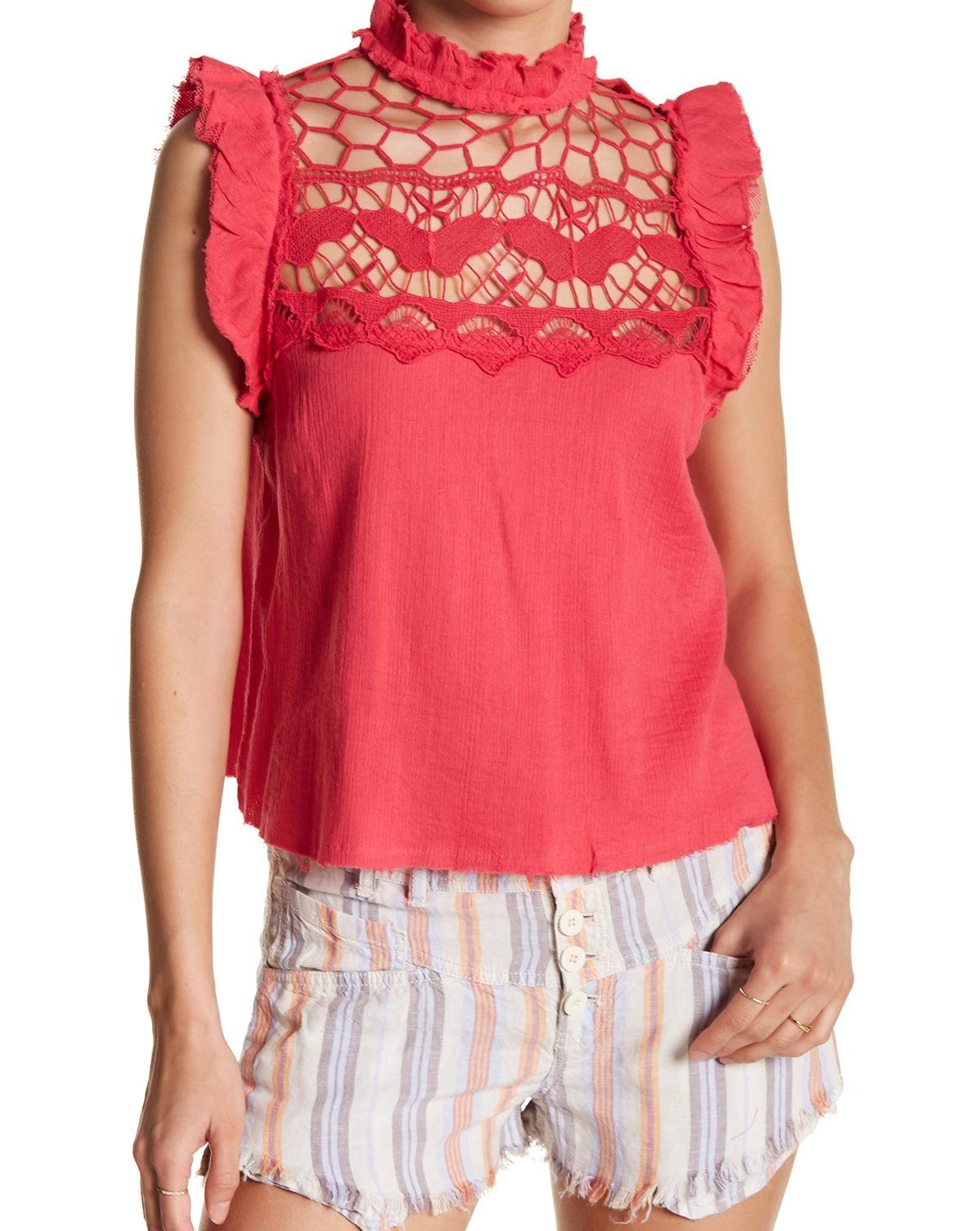 Free Women's Crochet Front Ruffled Pullover Sweater - Boho Chic Lace Knit Top for Spring & Summer Outfits, Beach Cover-Up, and Music Festivals