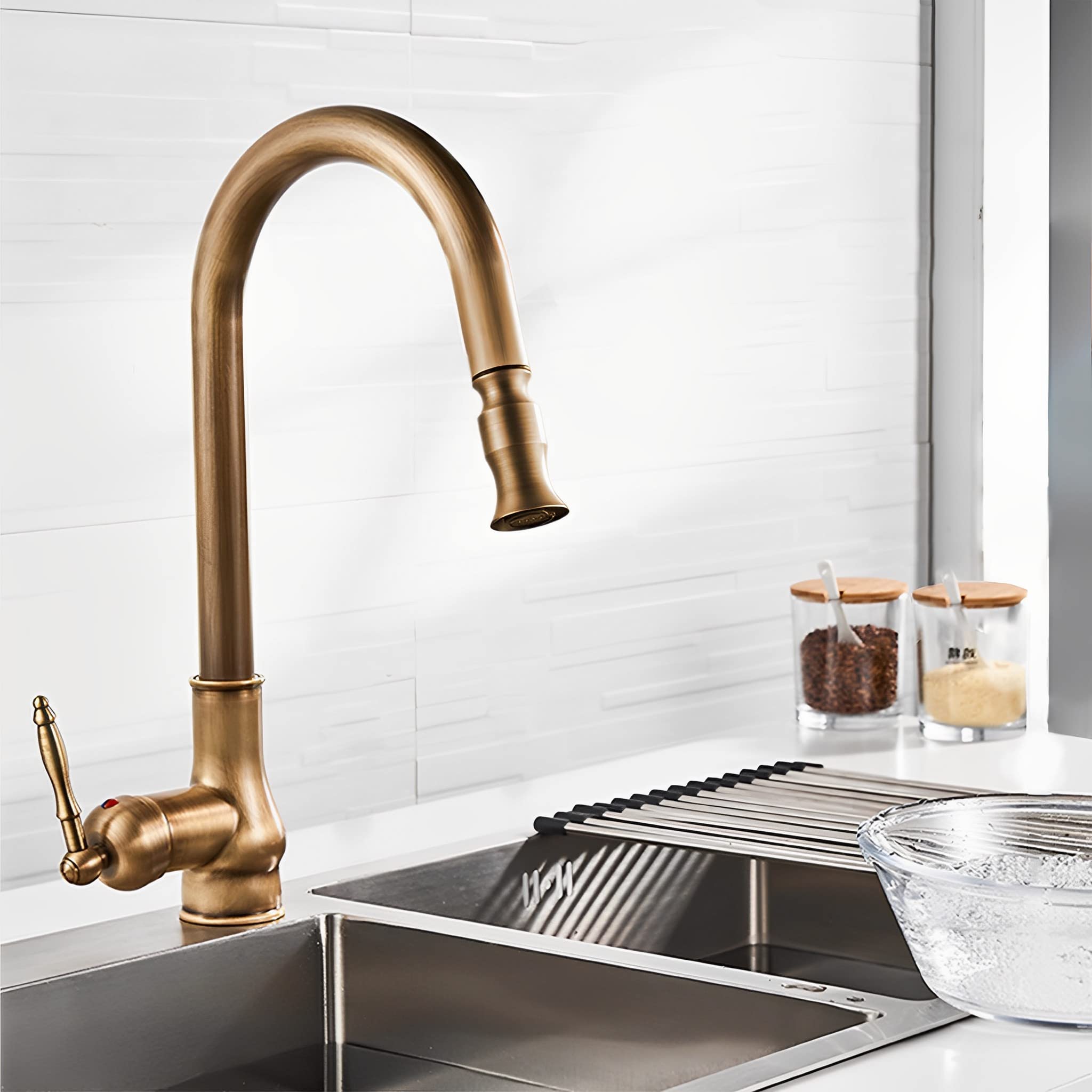 Antique Copper Single Handle Kitchen Faucet - Pull Out Pull Down Brass Faucet with Hot & Cold Mixer Hoses - Perfect for Farmhouse, Vintage, and Modern Kitchen Sinks