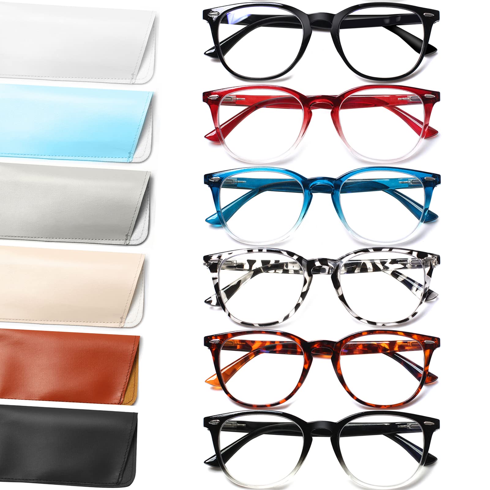 Henotin 6 Pack Blue Light Blocking Reading Glasses for Women & Men - Stylish Computer Readers with Leather Case - Perfect for Office Work, Gaming & Screen Time