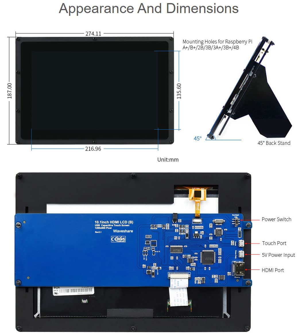 Waveshare 10.1 Inch Raspberry Pi Touchscreen Display - 1024×600 HD IPS LCD Monitor with Resistive Touch, HDMI Interface, Direct Plug for Raspberry Pi & Windows (Touch/Non-Touch) - Perfect for DIY Projects, Smart Home Control, and Industrial Applications