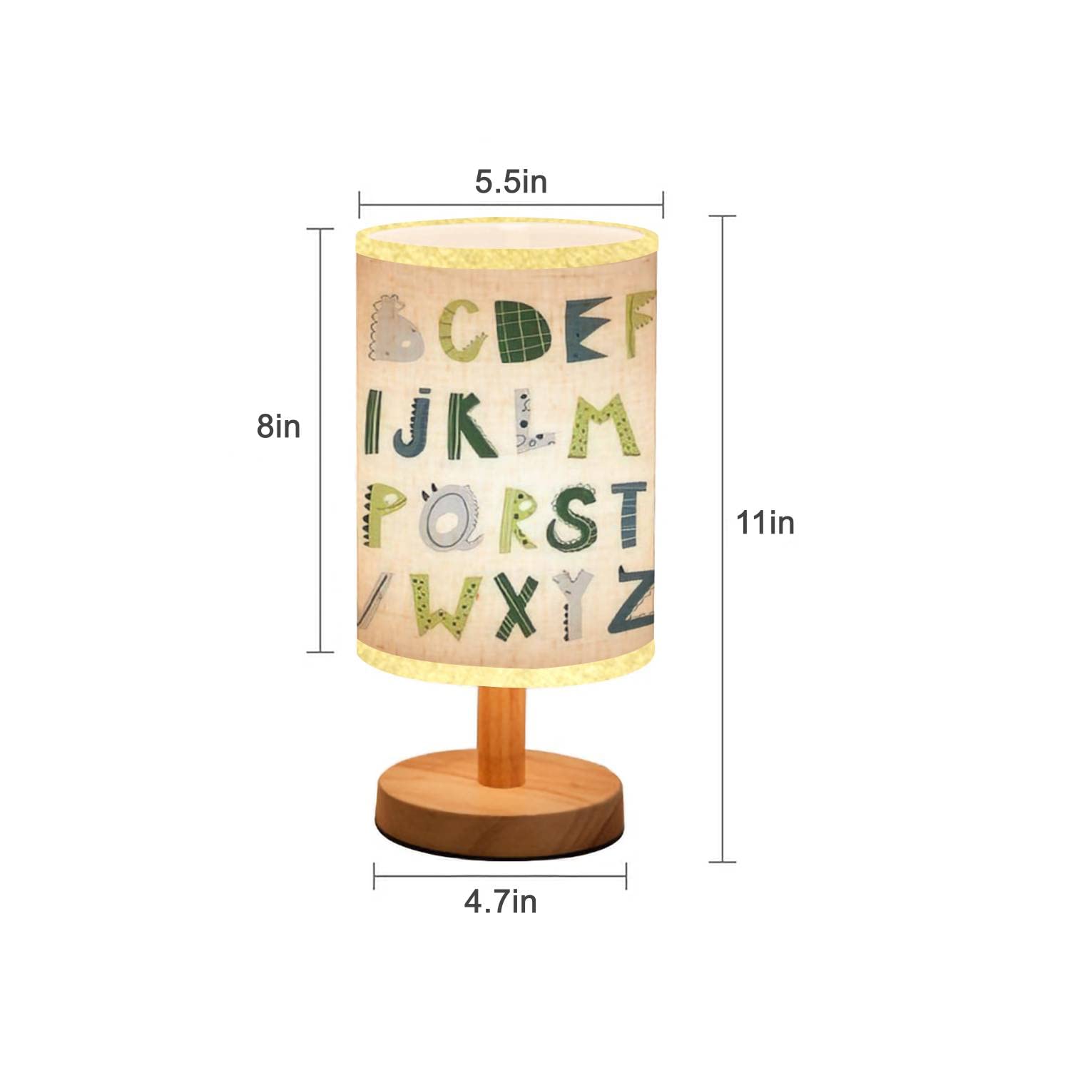 Minimalist Wood Nightstand Lamp with Flaxen Fabric Shade - Hand-Drawn Dinosaur Alphabet Kids Room Decor - Bedside & Desk Lamp for Bedroom, Living Room, Nursery - Perfect for Night Reading and Cozy Ambiance