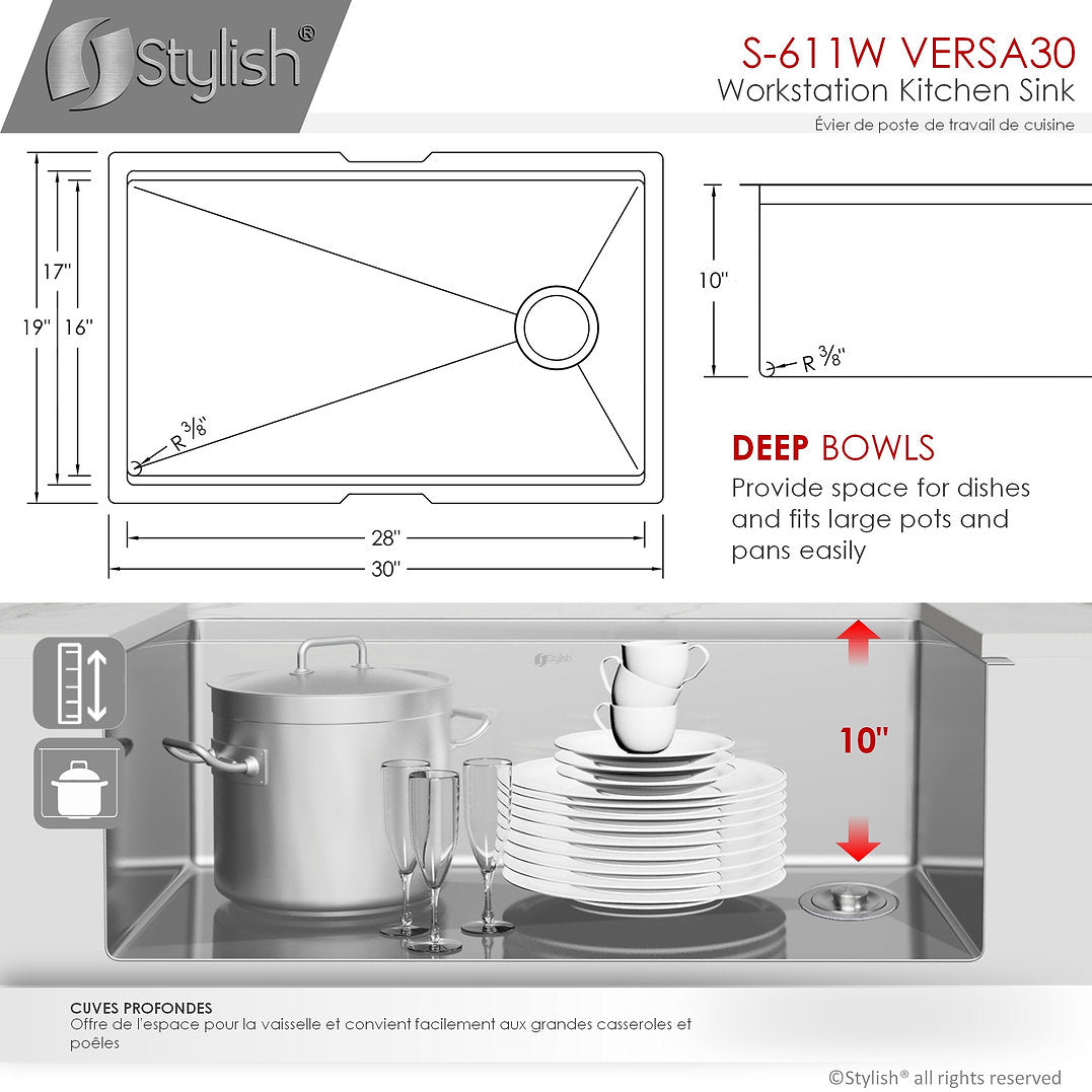 VERSA30 S 611W 30-Inch Undermount Stainless Steel Kitchen Sink - Single Bowl Workstation with Drainboard & Accessories - Perfect for Modern Kitchens, Restaurants & Food Prep Areas