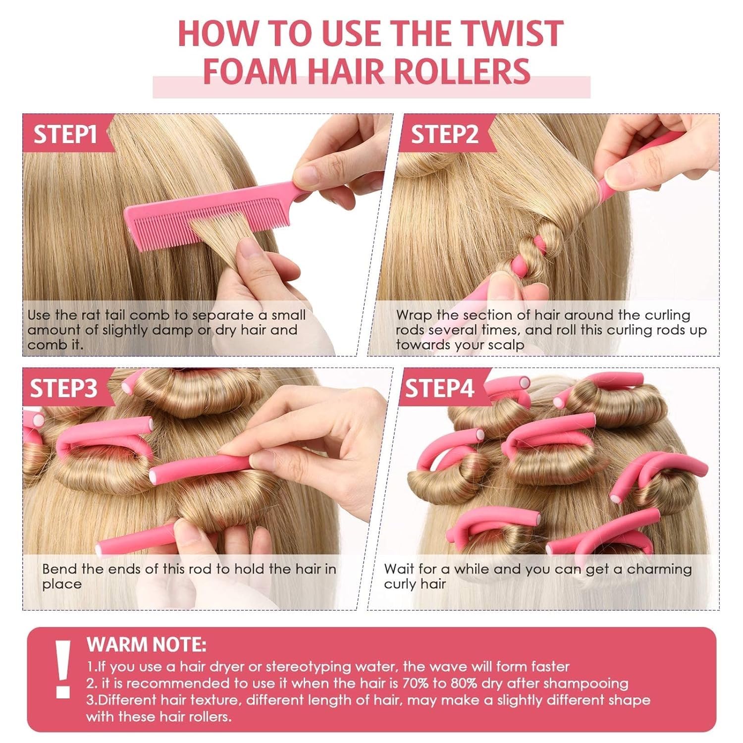 Sweetpea Fx Flexible Curling Rods - No Heat Hair Curlers Set with Twist Foam Rollers for Short & Long Hair - Includes Steel Pintail & Rat Tail Comb (0.3x7 Inch, Extra Small, 10PCS) - Perfect for Beach Waves, Overnight Curls & Salon-Style Styling at Home