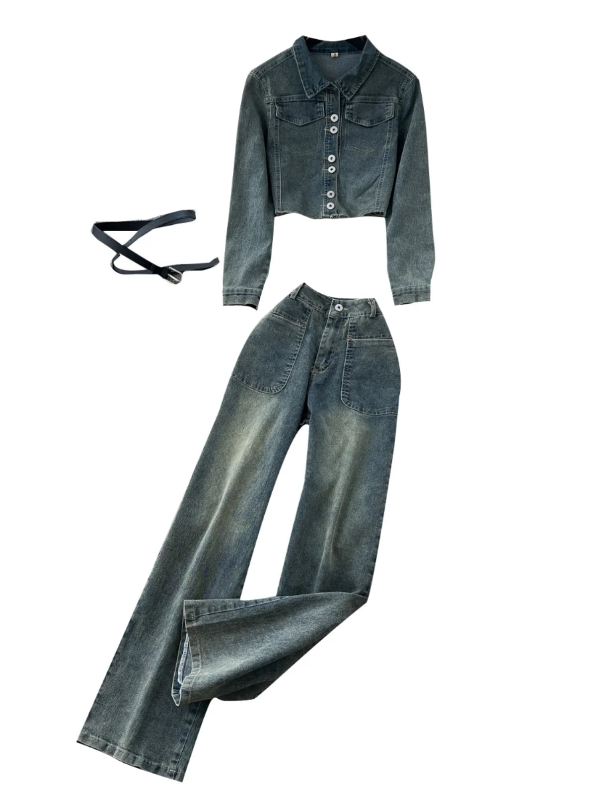 Vintage Blue Denim Two-Piece Set for Women - Single Breasted Lapel Long Sleeve Coat & High Waist Wide Leg Jeans | Fall Fashion, Casual Outfits, Retro Style, Everyday Wear