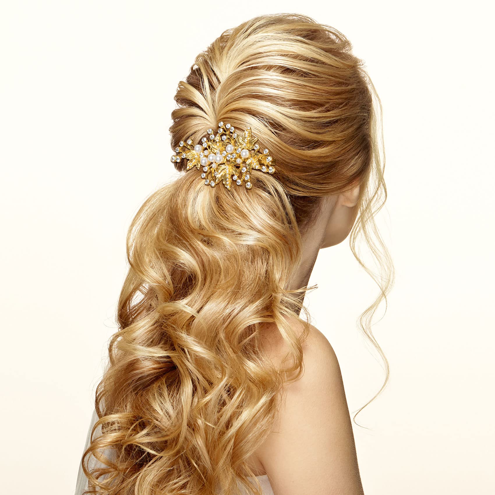 PAGOW 2Pcs Rhinestone Pearl Hair Clips - Gold Leaf Crystal Flower Wedding Headpiece for Brides, Women & Girls | Perfect for Bridal Showers, Weddings, Prom & Special Occasions