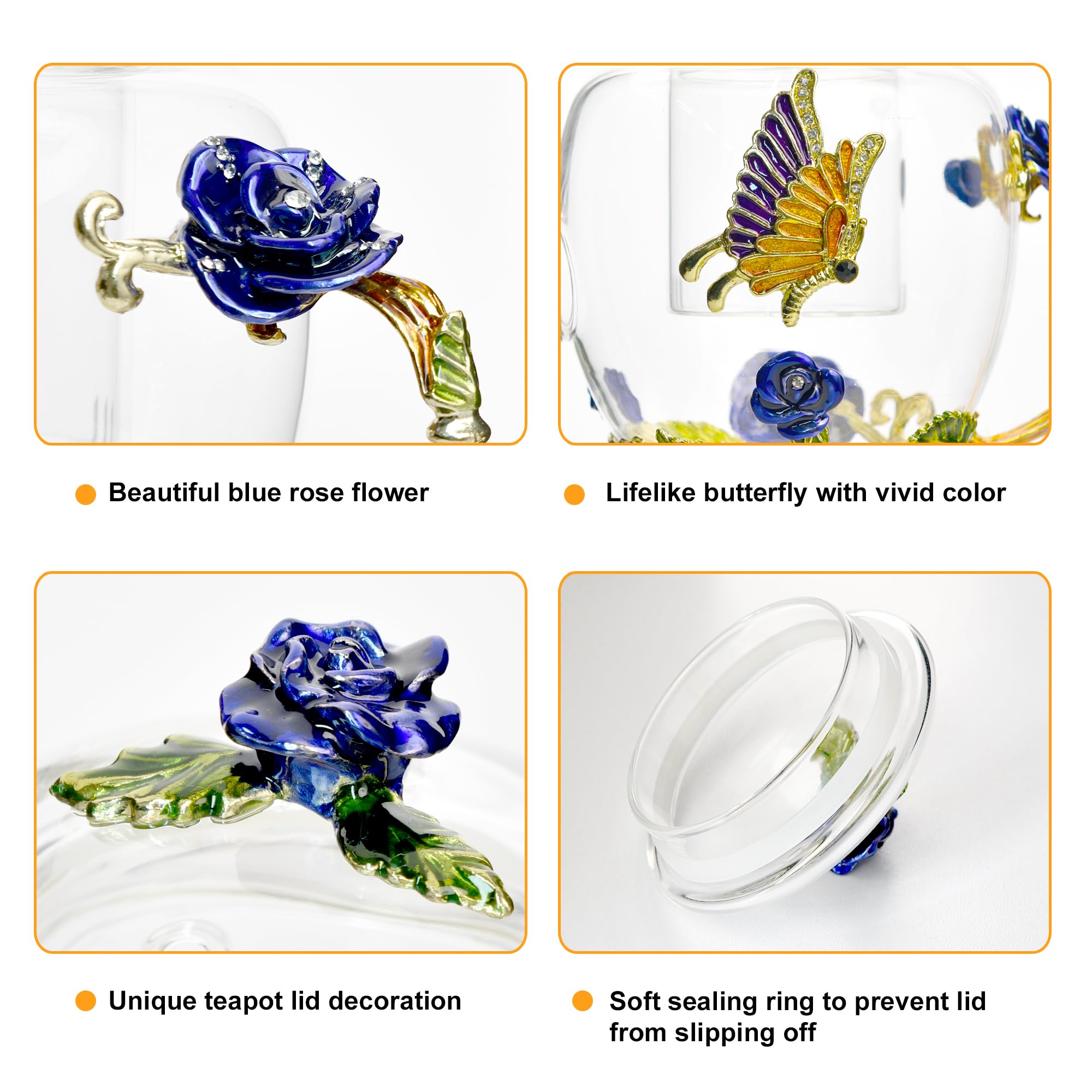 46oz/1300ml Blue Rose Enamel Glass Teapot with Infuser & Lid - Floral Butterfly & Gold Trim Design - Perfect Gift for Mom, Women, Mother's Day & Birthday - Ideal for Tea Parties, Afternoon Tea & Home Decor