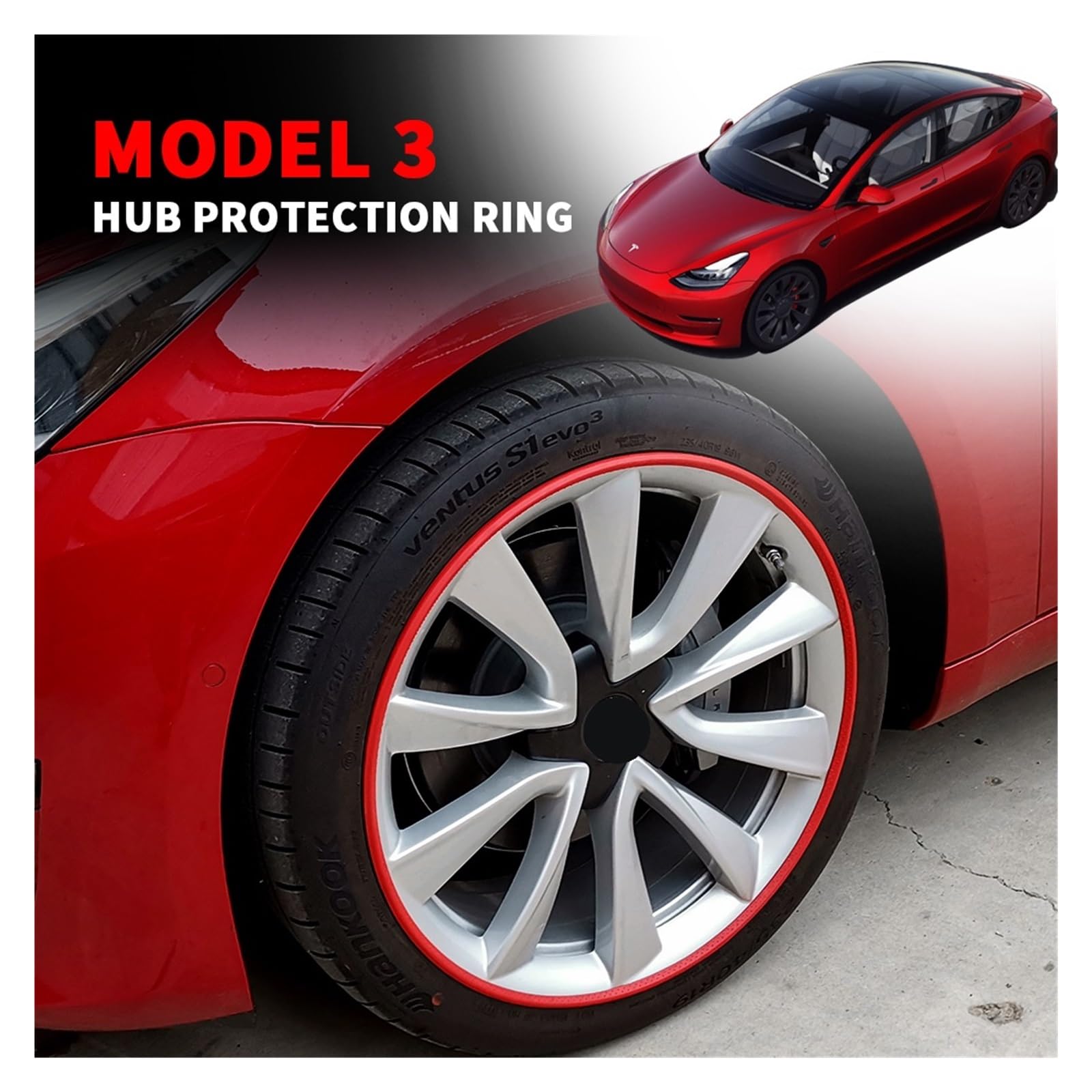 BERBO 4PCS Car Wheel Hub Rim Edge Protector Ring Strip - Rubber Tire Guard & Decor Accessories for Tesla Model 3/Y 2017-2021 - Red 19 Inch - Prevent Scratches & Enhance Style for Daily Driving & Car Shows