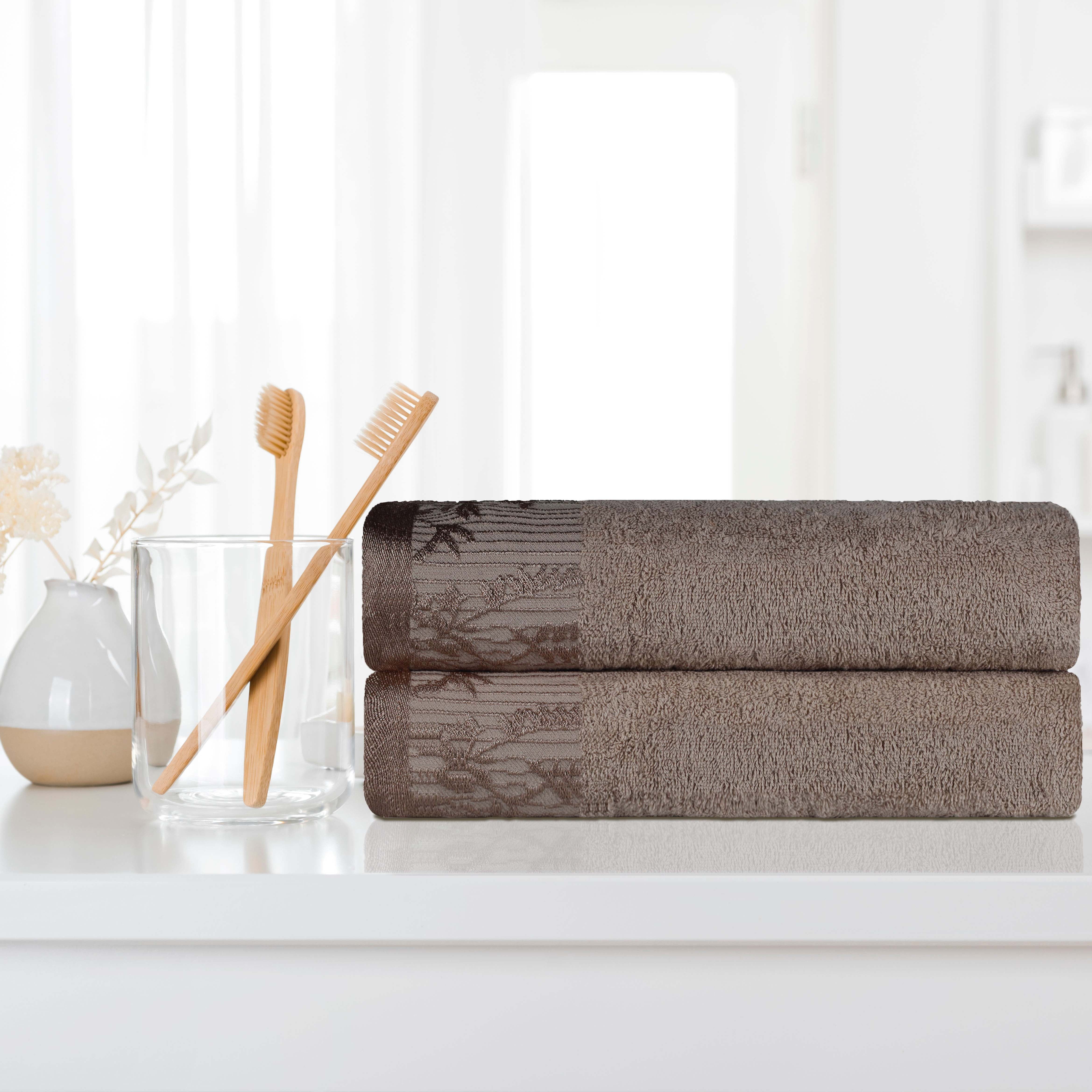 Premium Wisteria Cotton Floral Embroidered Jacquard Border Bath Towel Set of 2 - Soft Absorbent Luxury Towels for Spa, Bathroom & Guest Use