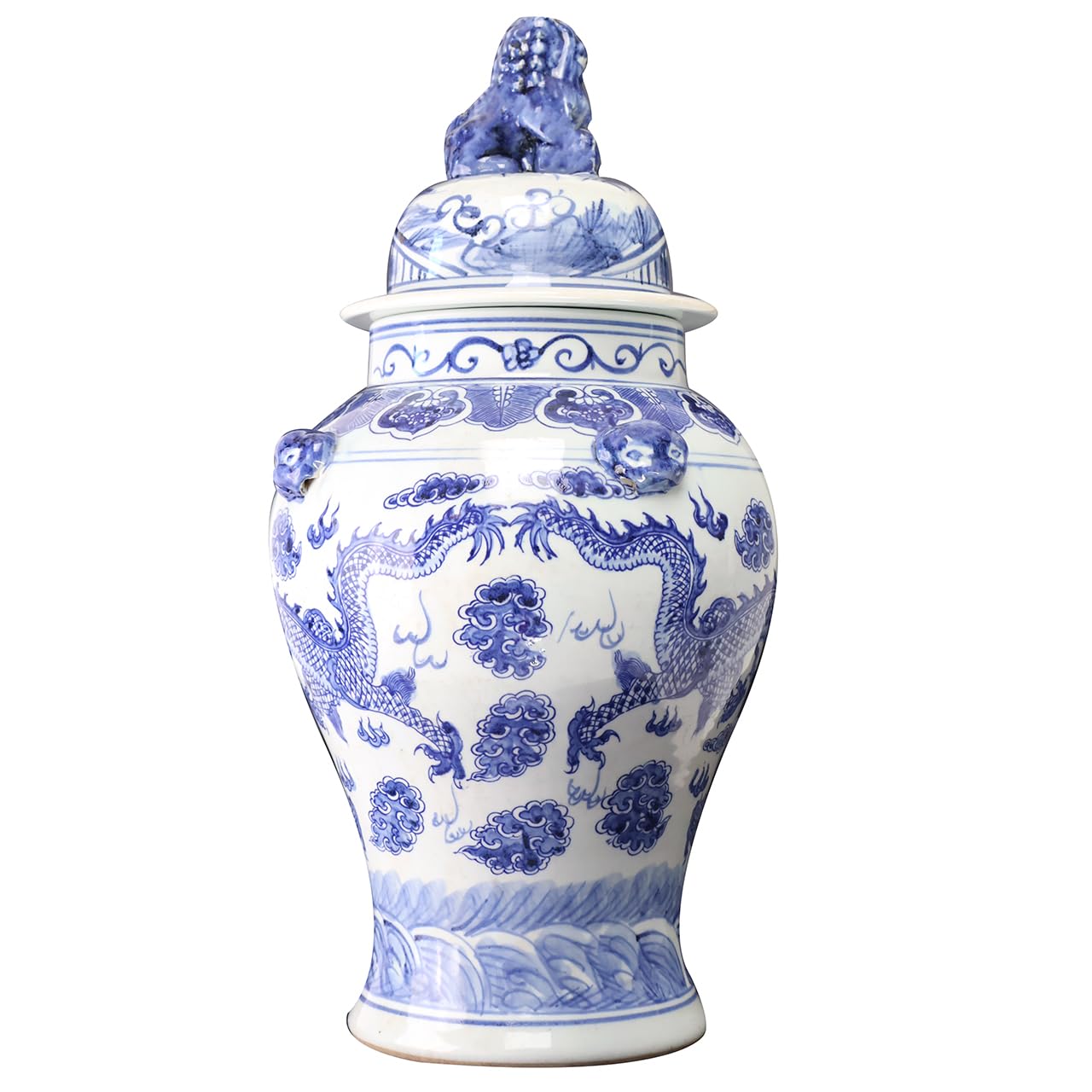 Hand-Painted Blue and White Chinese Porcelain Dragon Temple Jar - 24 Inch Tall Jingdezhen Ceramic Vase for Home Decor, Asian-Inspired Living Room Centerpiece & Luxury Gift