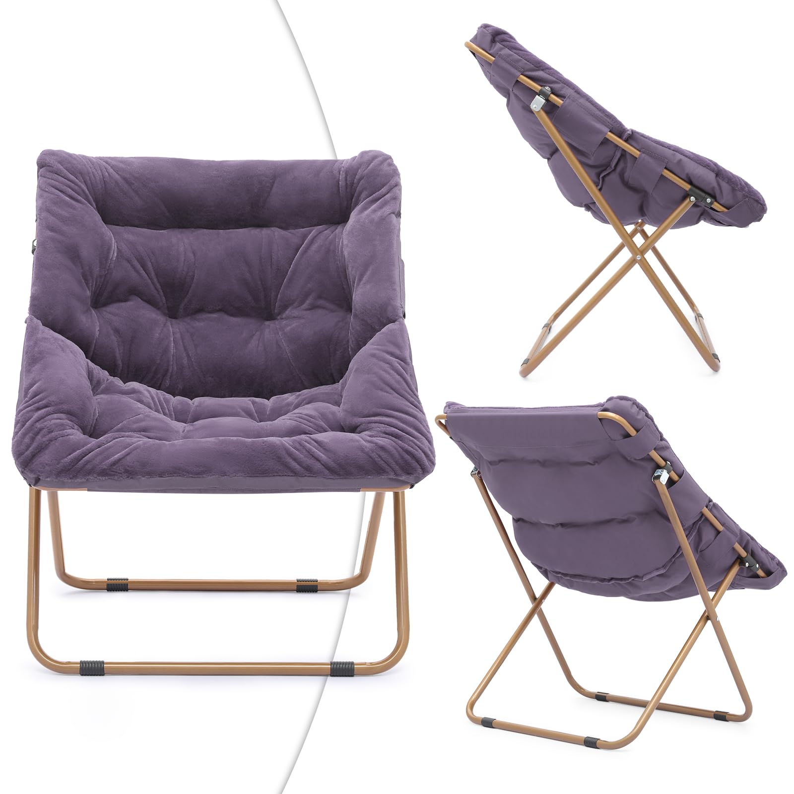 Magshion Oversized Square Saucer Chair for Adults - Foldable Cozy Lounge Chair with Sturdy Metal Frame for Bedroom, Living Room, Dorm & Apartment (Purple) - Perfect for Relaxing, Reading & Small Space Living