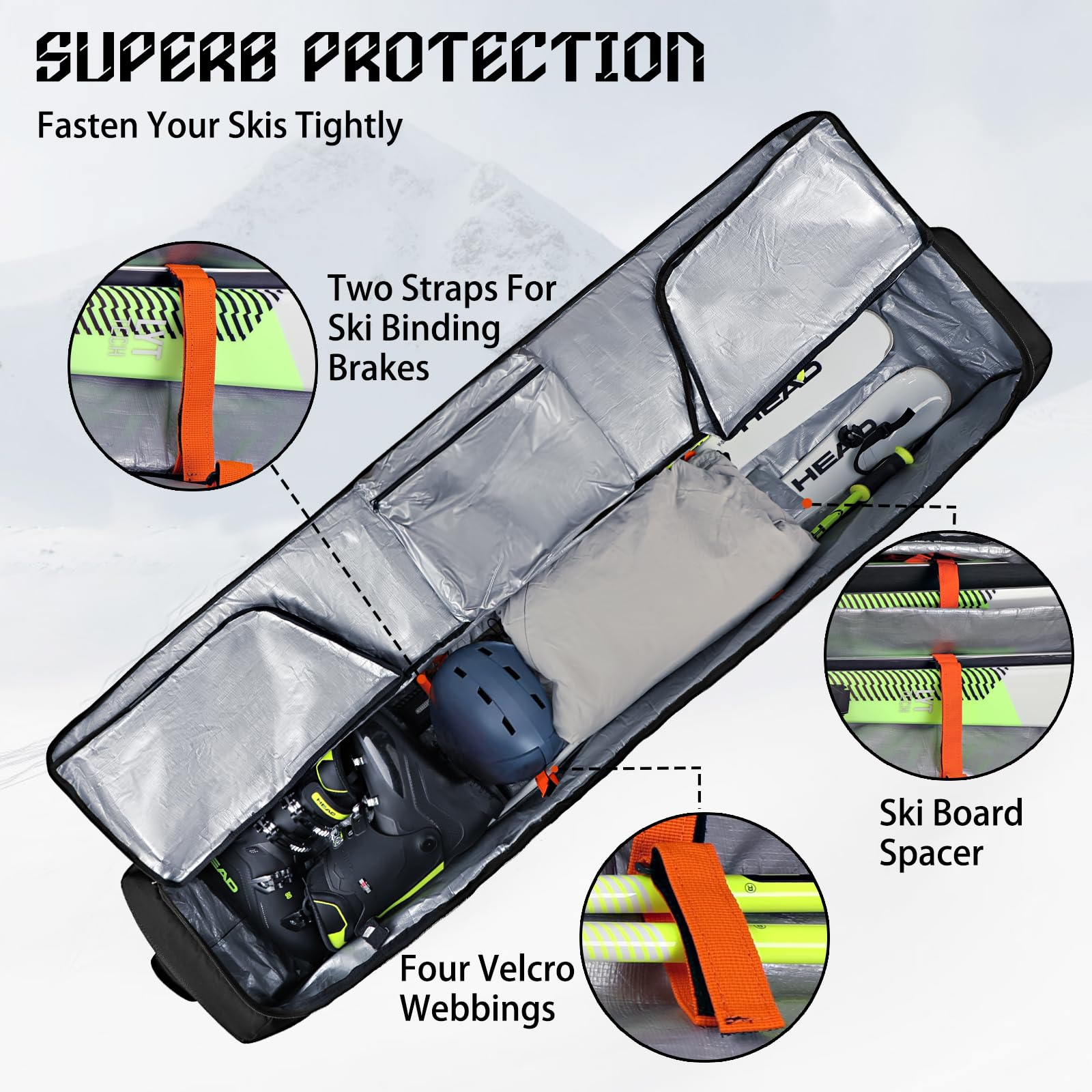 **Goloni Wheeled Ski Bag for Air Travel - Padded Snowboard Bag with 600D Waterproof Fabric, Foldable Design Fits 2 Pairs of Skis - Perfect for Winter Sports & Airplane Travel**