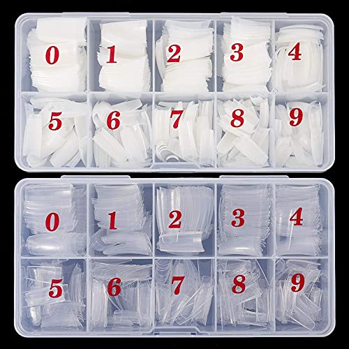 200 Pcs Acrylic Nail Tips - French Half Cover Fake Nails in 10 Sizes (Clear/Natural) for Nail Salon & DIY Manicure - Coffin Shape Artificial Nails with Storage Box - Perfect for Home Use, Professional Nail Art & Party Looks
