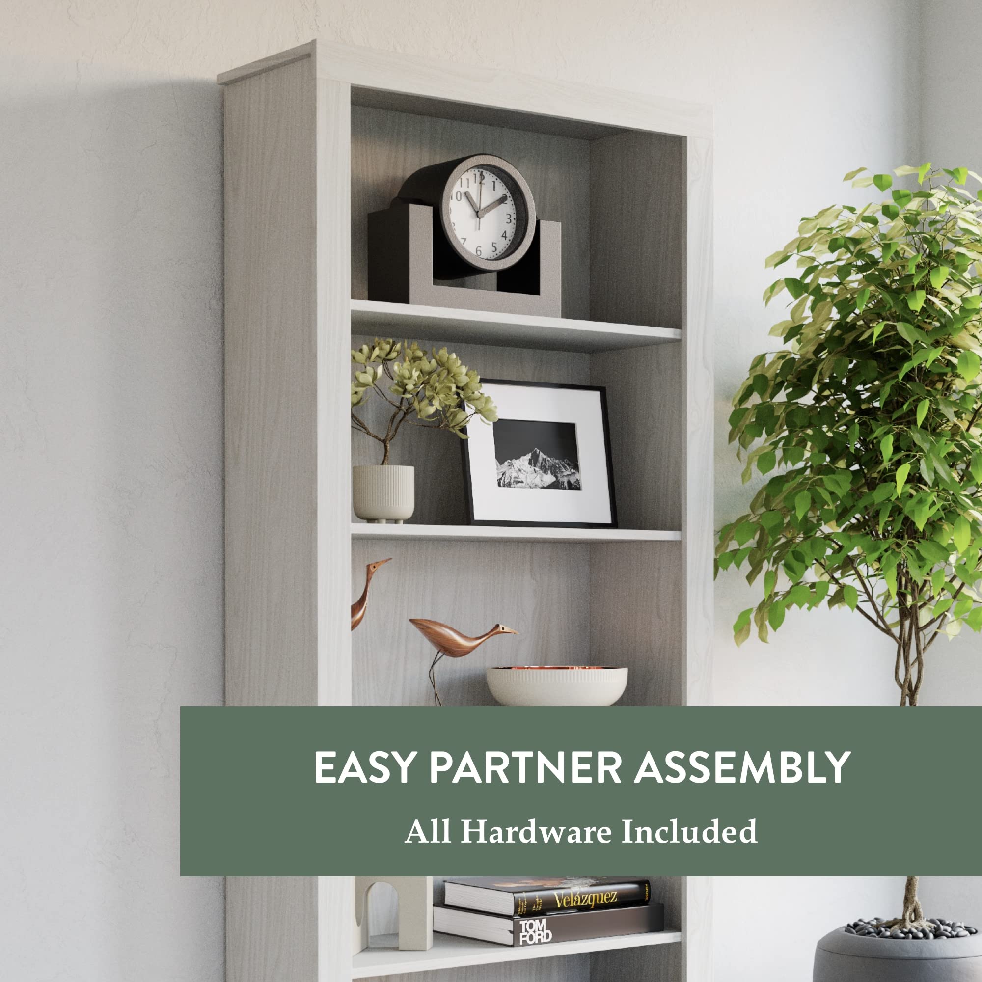 Edenbrook Sumac 5-Shelf Bookcase - Light Gray Wood Bookshelf Organizer for Bedroom & Office - Perfect for Home Decor, Book Storage & Workspace Organization