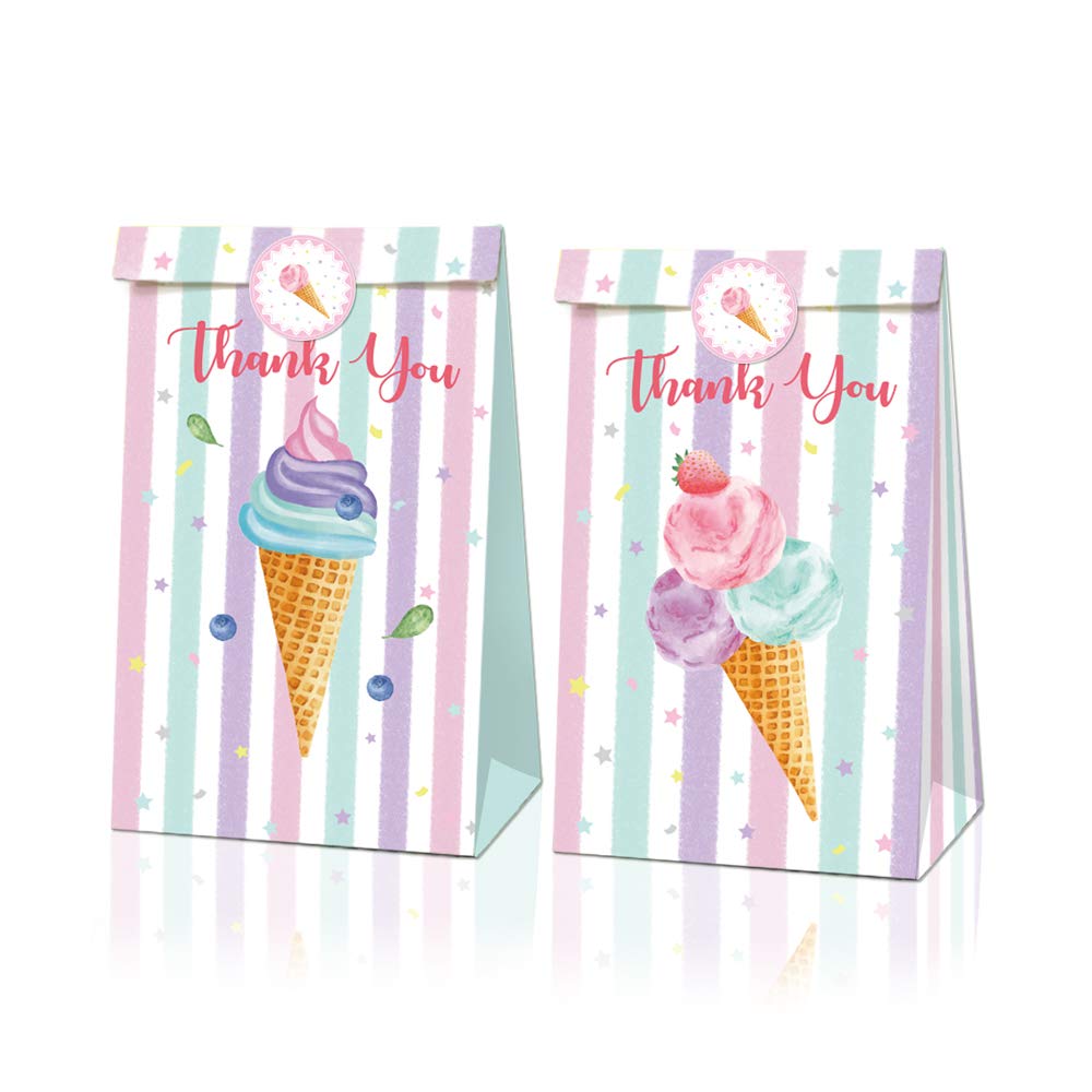 24-Piece Ice Cream Party Favor Bags with 36 Stickers - Popsicle Themed Paper Gift Bags for Birthday Parties, Baby Showers & Summer Events - Perfect for Kids' Treats, Goodie Bags & Party Decorations