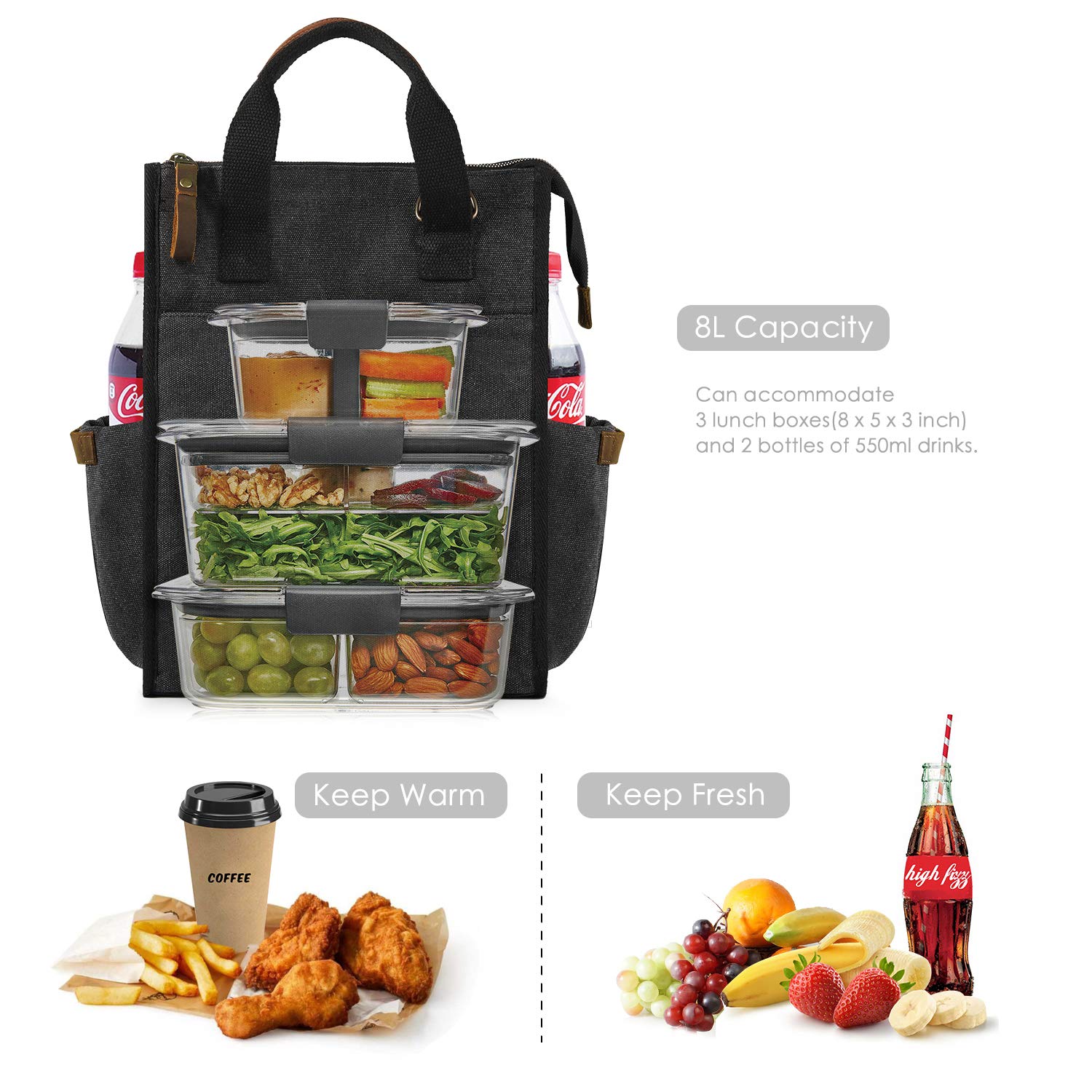 SMRITI Insulated Reusable Lunch Bag for Women & Men - 9.6L Leakproof Thermal Tote with Shoulder Strap - Perfect for Work, Office, School, Picnic, Beach & Travel (Dark Grey)
