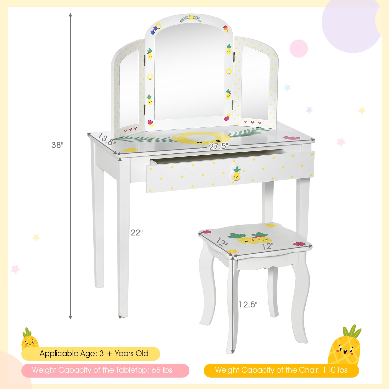 Costzon Kids Vanity Table with Tri-Folding Mirror & Drawer - Princess Makeup Dressing Set for Girls, 2-in-1 Detachable Top Pretend Play Beauty Station (Fruit Pattern) - Perfect for Bedroom Decor & Role Play Gifts