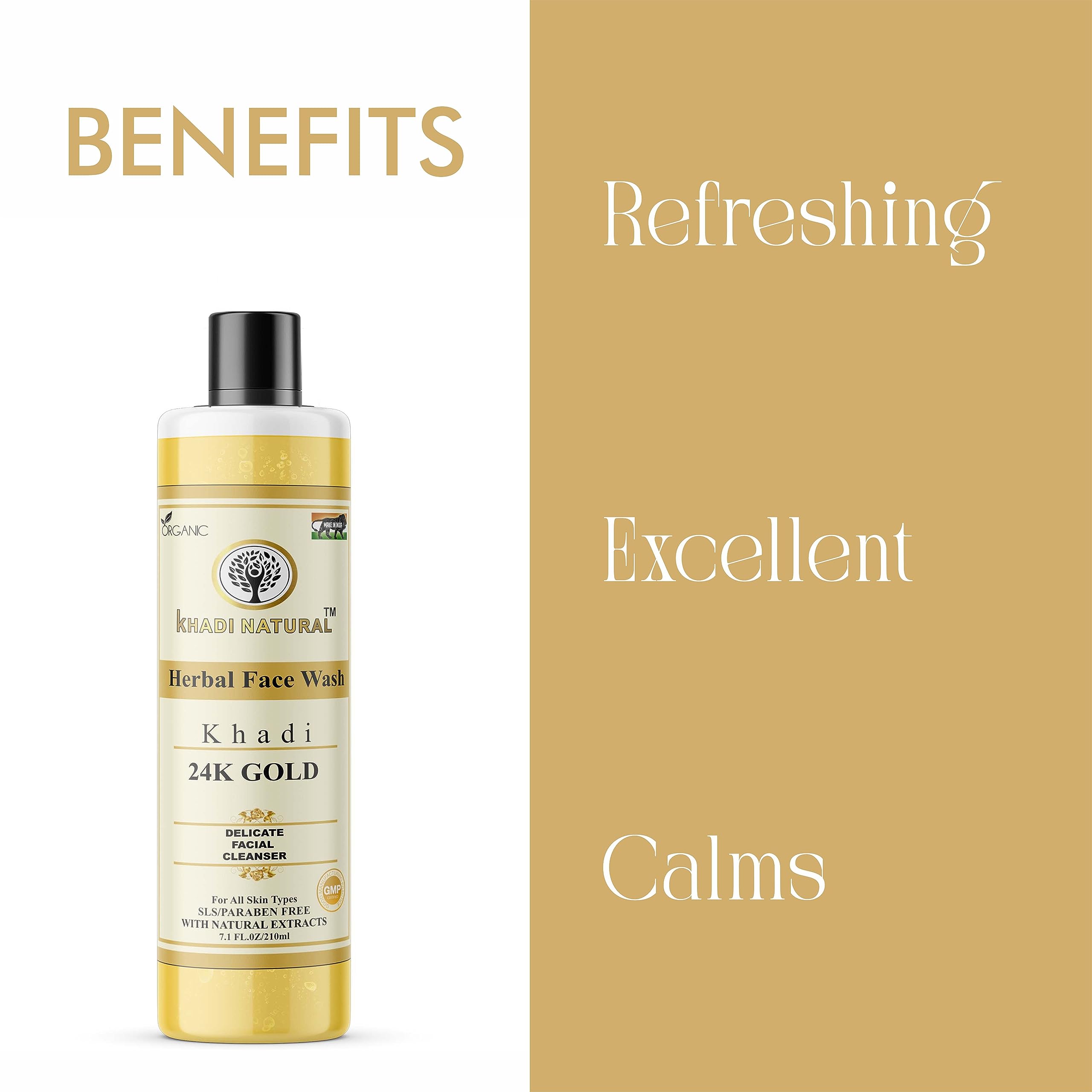 Khadi Natural 24K Gold Facial Cleanser 210ml - Anti-Aging & Brightening Face Wash with Pure Gold - Perfect for Daily Skincare Routine & Glowing Skin