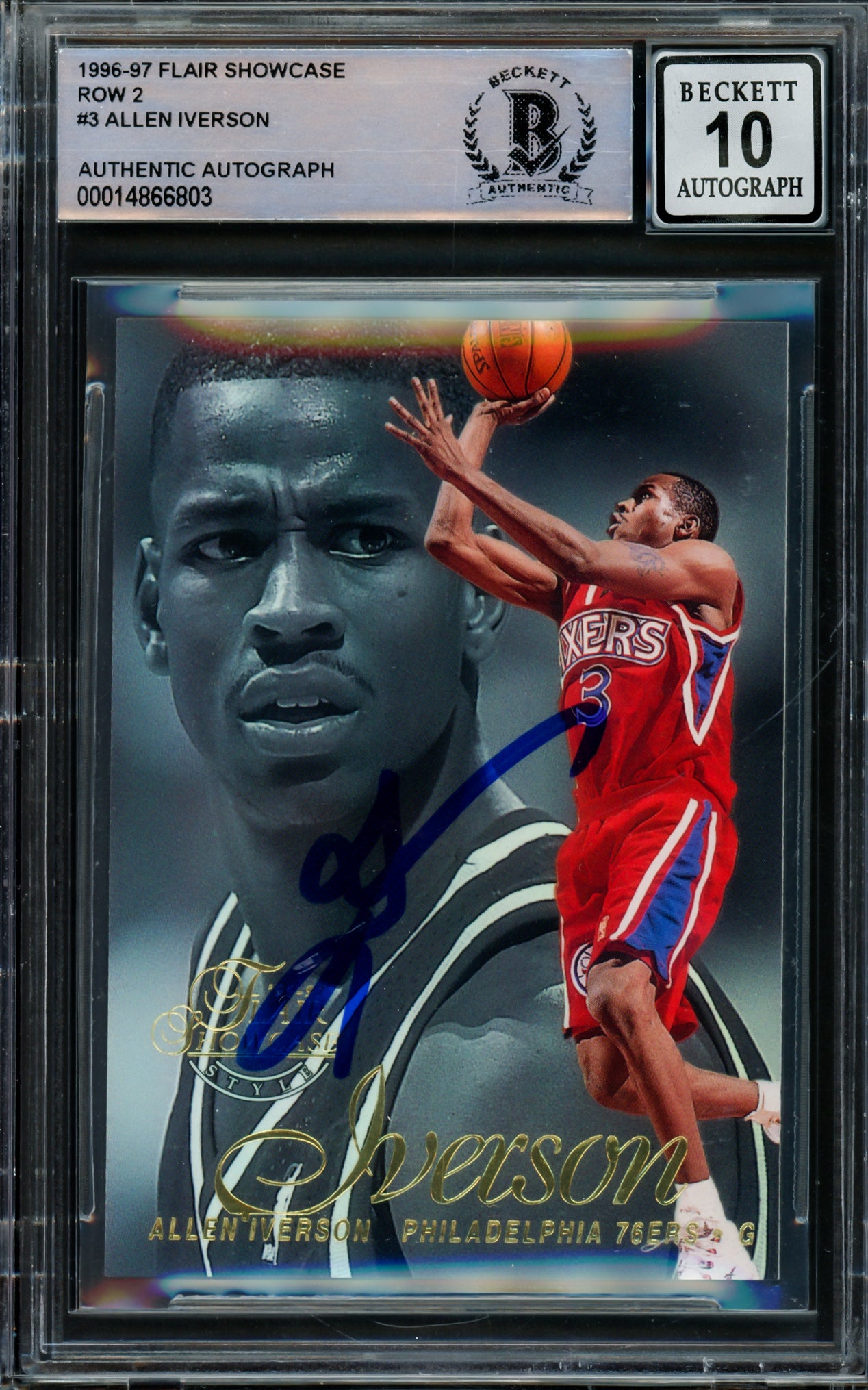 Allen Iverson Autographed 1996-97 Flair Showcase Rookie Card #Row 2 - Philadelphia 76ers Auto Beckett BAS Gem Mint 10 Grade #14866803 - Perfect for NBA Memorabilia Collectors & 76ers Fans Display