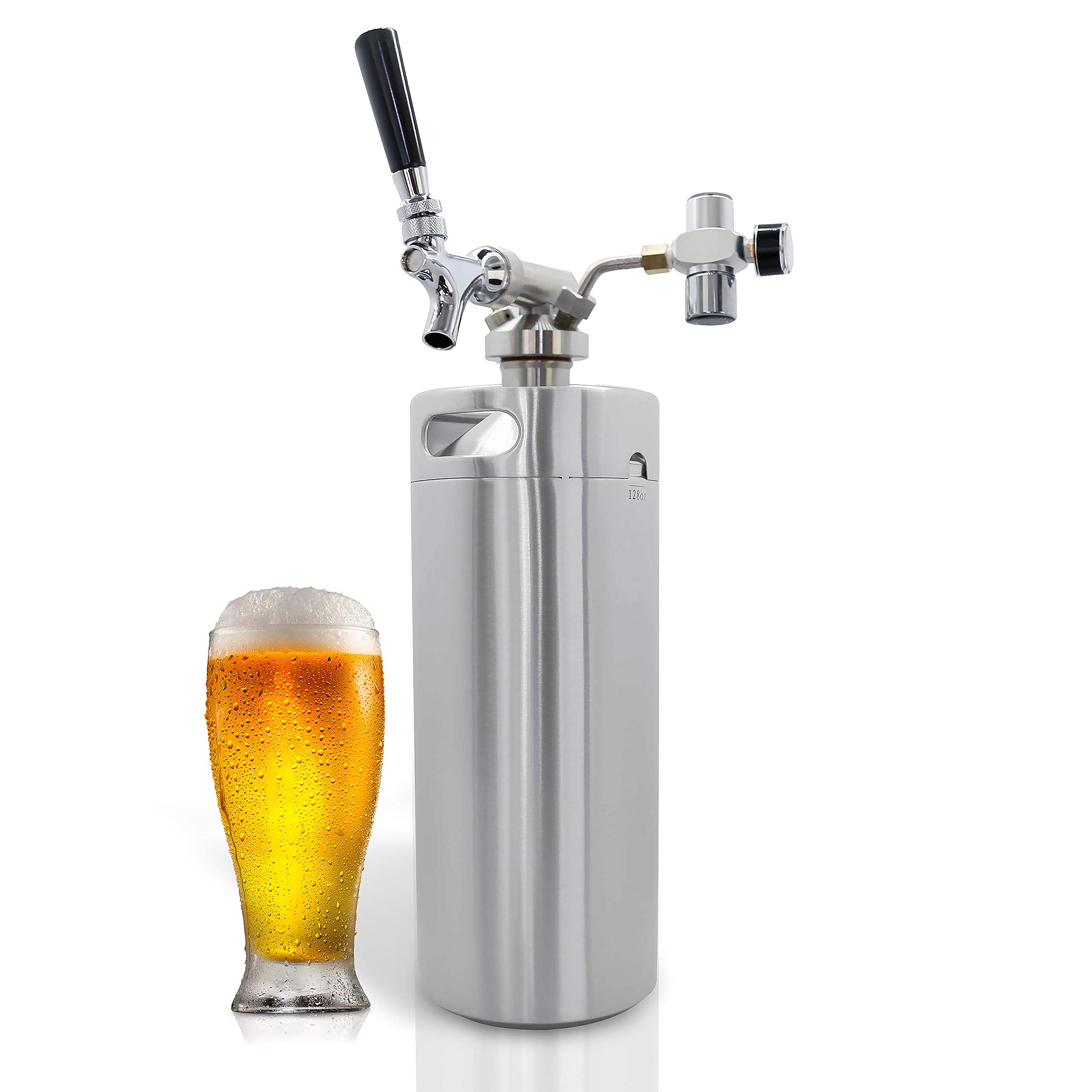 NutriChef 128oz Pressurized Growler Tap System - Stainless Steel Homebrew Mini Keg Dispenser with CO2 Regulator for Craft Beer, Draft Beer - Perfect for Home Brewing, Parties, Camping & Outdoor Events