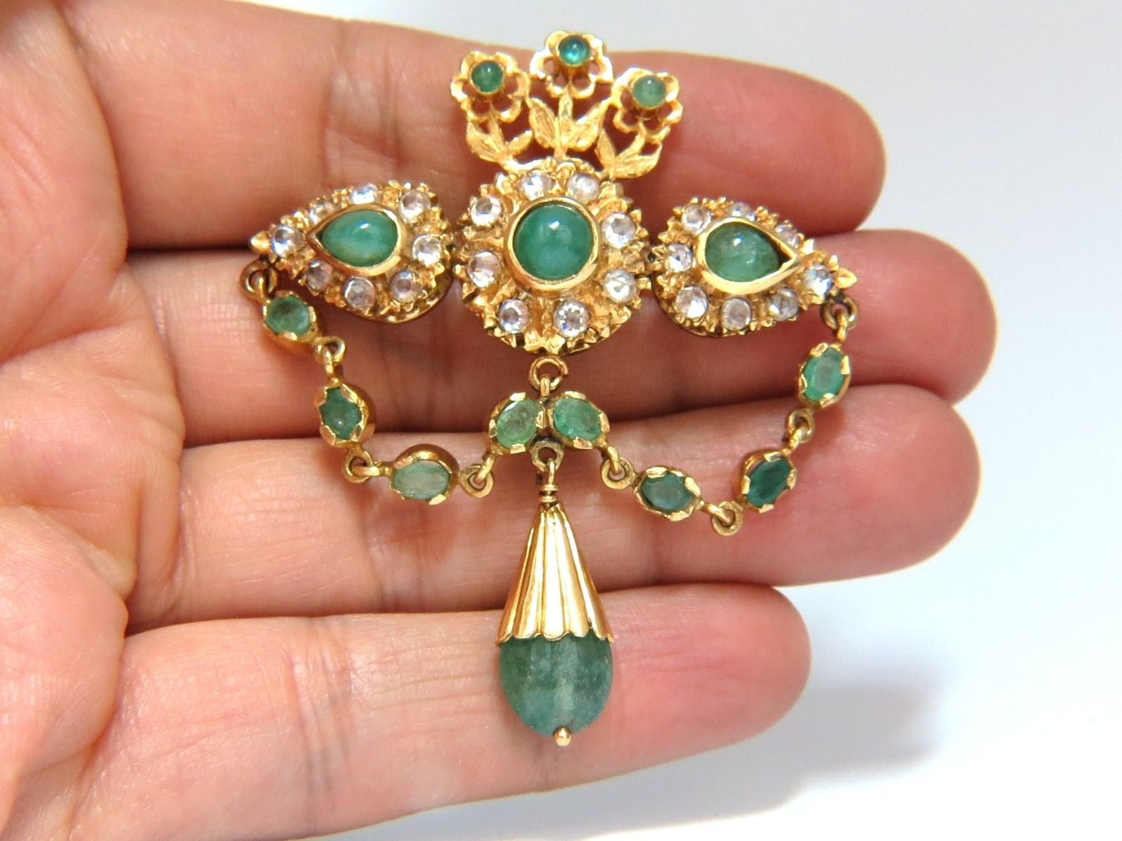 18KT Vintage Natural Emeralds & White Sapphires Medallion Dangle Brooch Pin – Elegant Jewelry for Weddings, Parties & Special Occasions