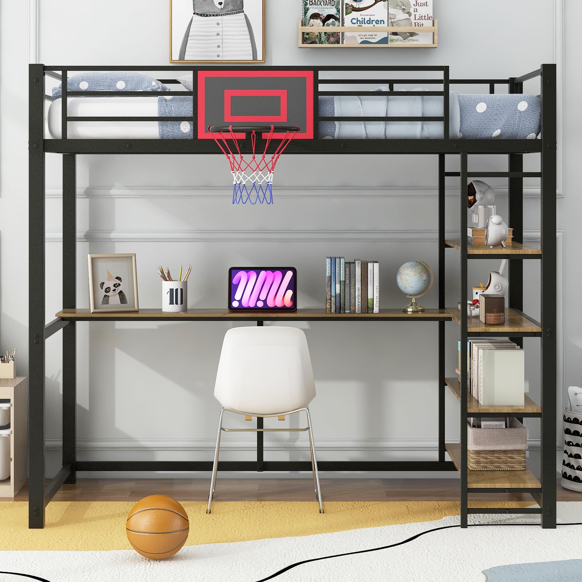HABITRIO Twin Size Loft Bed with Shelves, Desk & Basketball Hoop - Sturdy Metal Frame for Kids & Teens - Space-Saving Study & Play Solution for Small Bedrooms (Black)