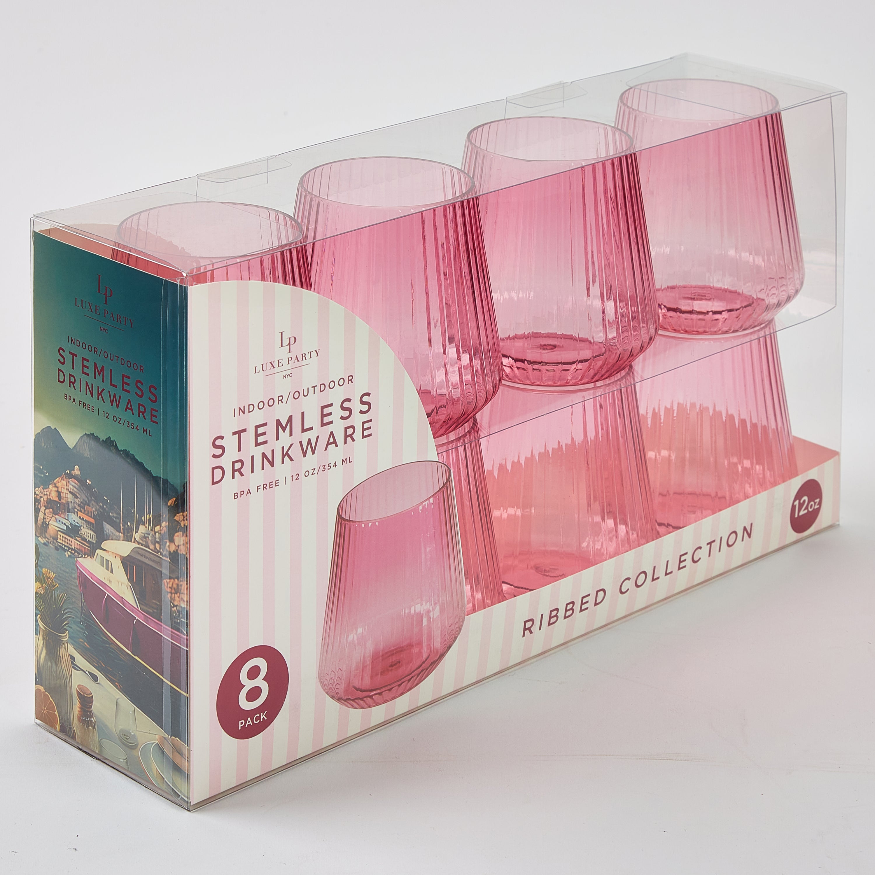 12 oz. Pink Plastic Stemless Ribbed Wine Goblets - 8 Pack Set for Parties, Weddings, and Outdoor Events - Shatterproof & Reusable Drinking Cups