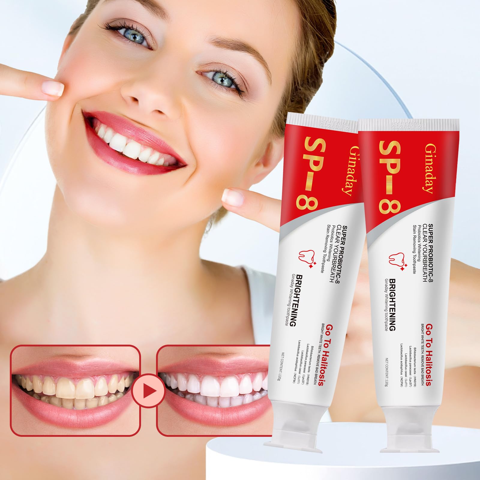 2 Pack SP-8 Probiotics Whitening Toothpaste - Advanced Formula with 8 Probiotics for Stain Removal, Fresh Breath & Healthy Teeth - Perfect for Daily Oral Care & Bright Smile Maintenance