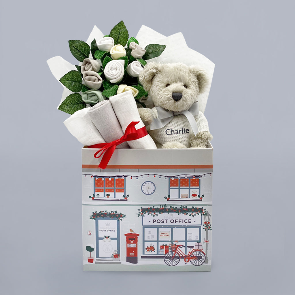 Personalized Grey Berkeley Bear Baby Christmas Welcome Gift Hamper - Perfect for Newborns, Baby Showers, and Holiday Celebrations