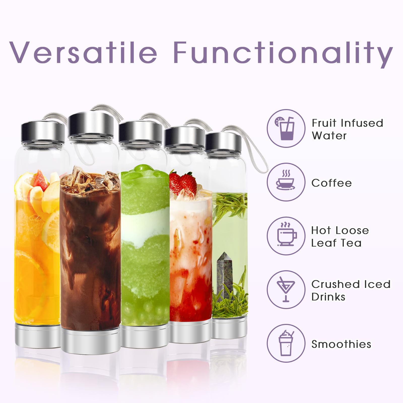 ChezMax Crystal Glass Water Bottle with Removable Natural Crystal Center - BPA Free Reusable Water Bottle with Quartz Gemstone for Home, Office, Yoga & Meditation Hydration