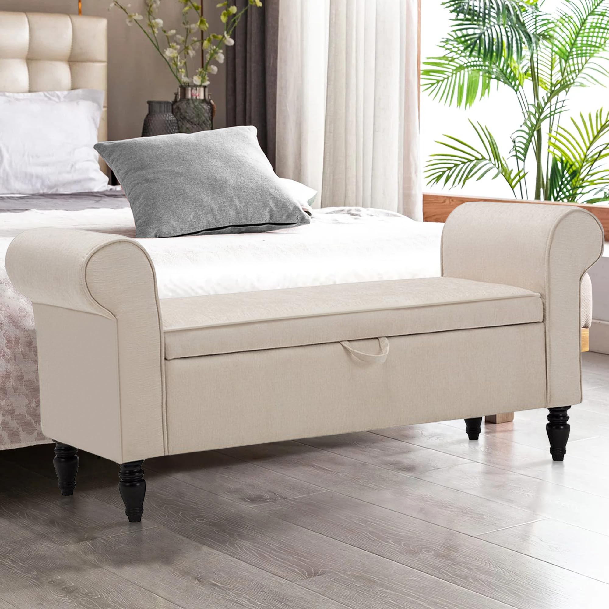 ANNJOE Upholstered Storage Ottoman Bench with Arms - Vanity Seat, Bedroom Bench, Entryway & End of Bed Stool - Beige Fabric - Perfect for Bedroom Decor, Living Room Seating & Entryway Organization