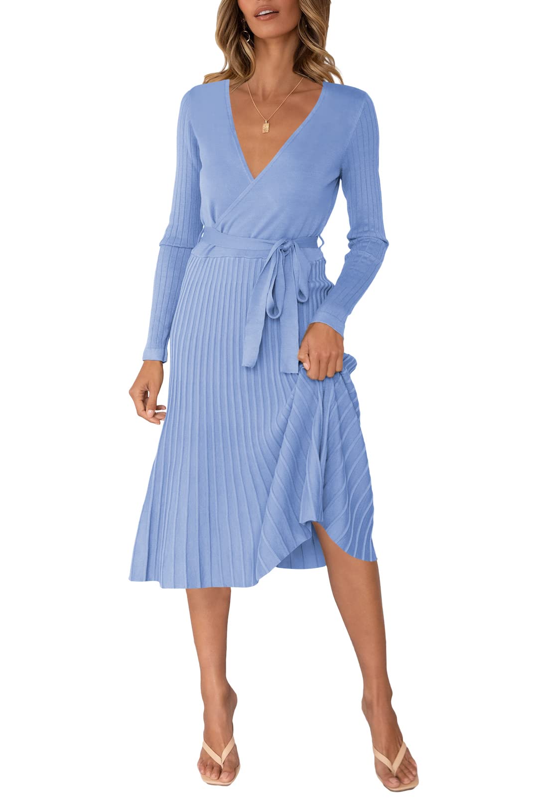 Pink Queen Women's Wrap Sweater Dress - V Neck Long Sleeve Ribbed Knit Midi Dress with Belt | Casual Office Wear, Date Night Outfit, Fall Winter Fashion