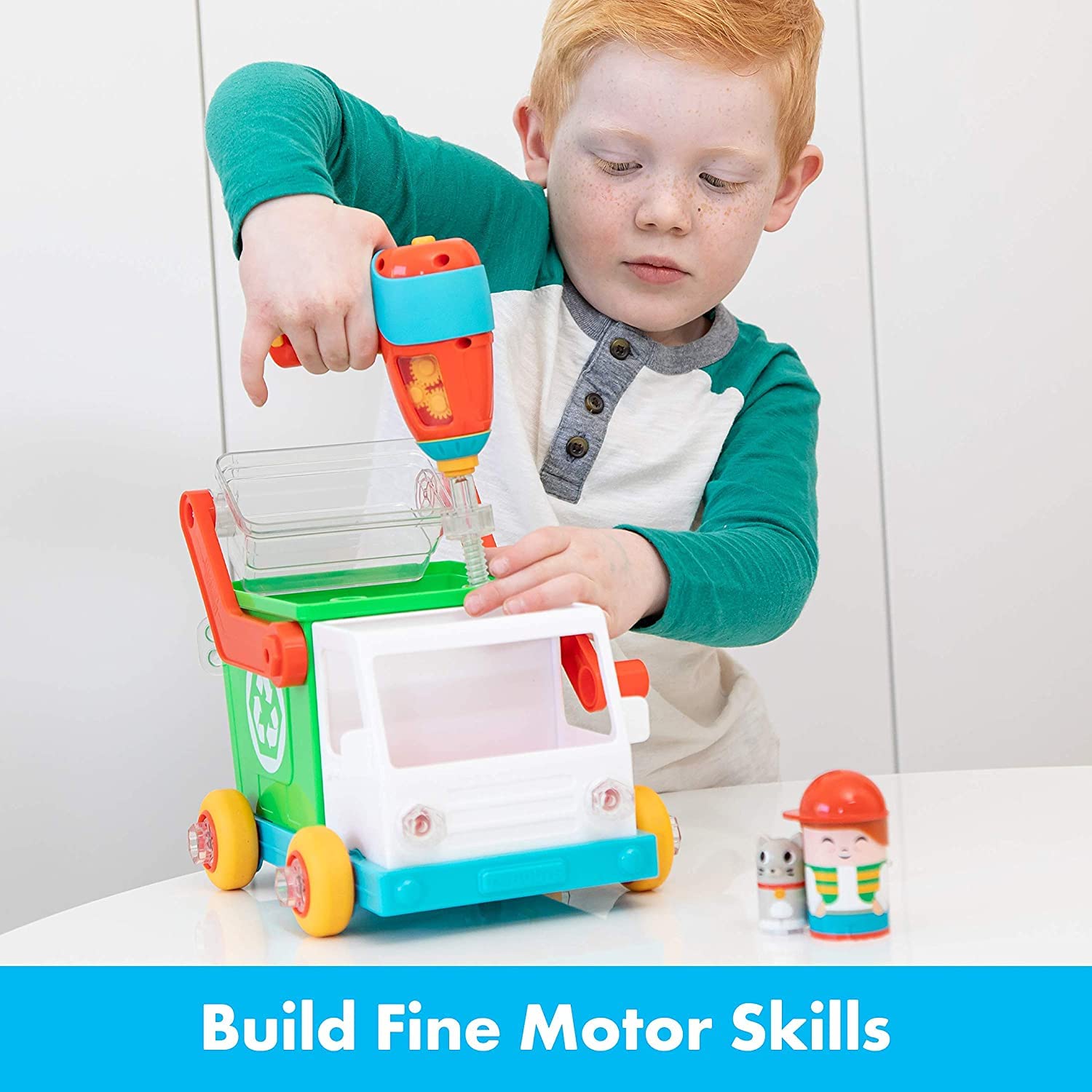 Educational Insights Design & Drill Bolt Buddies Recycling Truck Toy - Electric Drill Take Apart STEM Learning Toy for Kids Ages 3+ | Pretend Play, Early Engineering Skills & Fine Motor Development