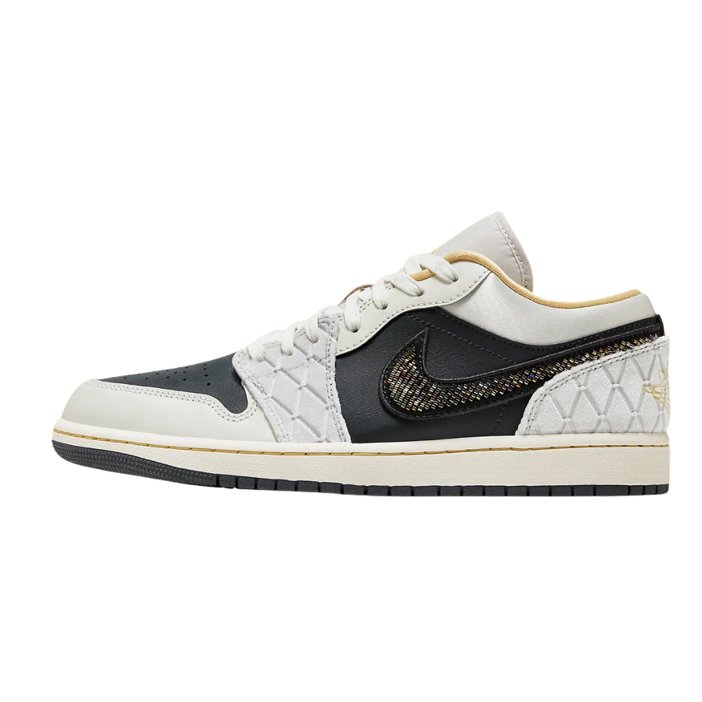 Air Jordan 1 Low Sneakers with Beaded Swoosh - Grey, Black & Sail Champagne Colorway for Men | Basketball Shoes & Casual Streetwear Fashion