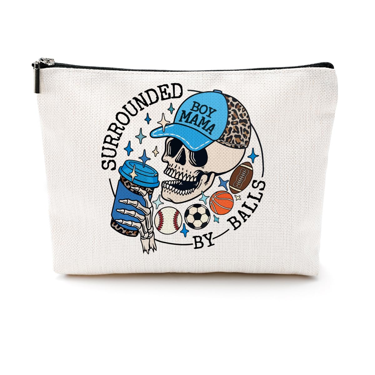 Funny Sports Themed Makeup Bag for Women - Skeleton Cosmetic Zipper Pouch - Perfect Gift for Mom, Coach & Baseball/Soccer/Basketball Lovers - Great for Travel, Gym & Game Day Essentials