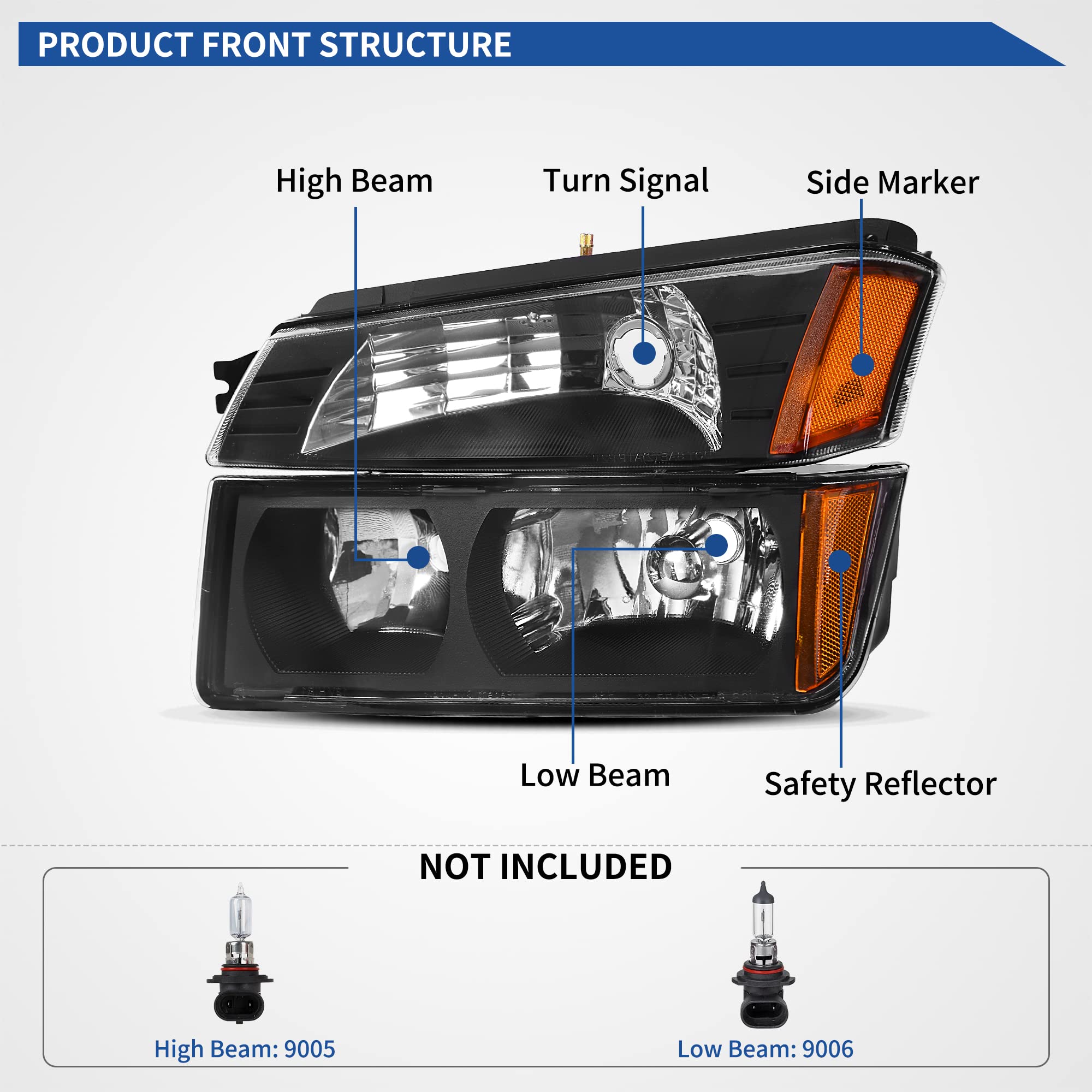 oEdRo Headlight Assembly for 2002-2006 Chevy Avalanche 1500/2500 Pickup - Black Housing with Amber Reflectors & Bumper Lights (Driver & Passenger Side) | Durable Replacement for Night Driving & Off-Road Adventures