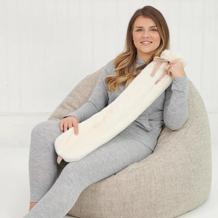 2L Long Hot Water Bottle with Soft Faux Fur Cover & Ribbon Tie - Perfect for Winter Warmth, Period Pain Relief & Cozy Nights