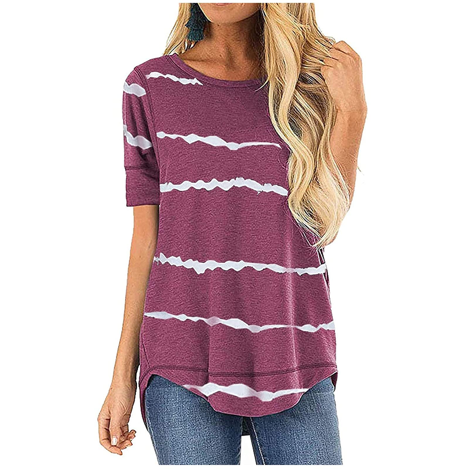 Women's Tie Dye Short Sleeve Tunic Top - Flowy Crewneck Striped Blouse for Summer | Casual Beach Wear, Vacation Outfit & Boho Fashion Staple